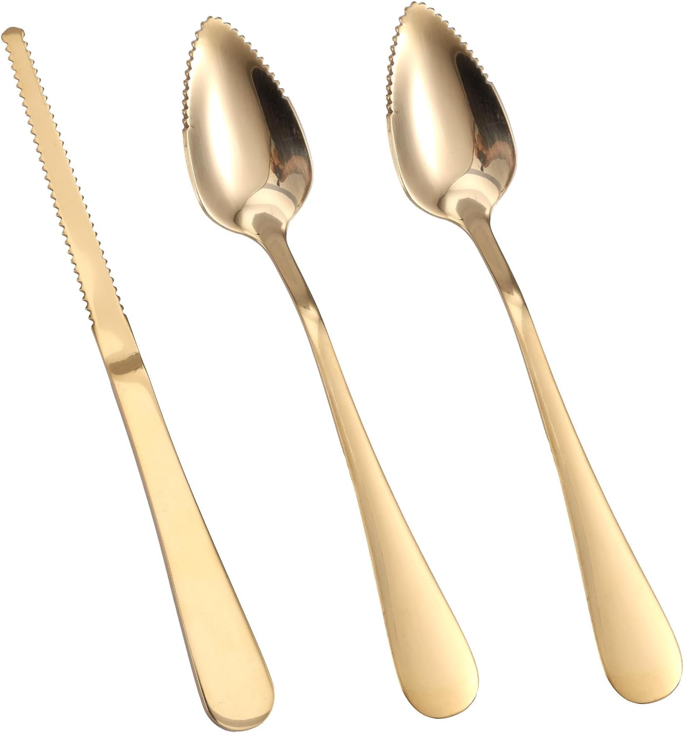 3Pcs Grapefruit Spoons and Knife Set with Serrated Edge, Stainless Steel Grapefruit Curved Serving Utensils for Citrus Lemon Kiwi Melon Lime Apple Puree Pitaya Fruit Eating Tool (Gold)