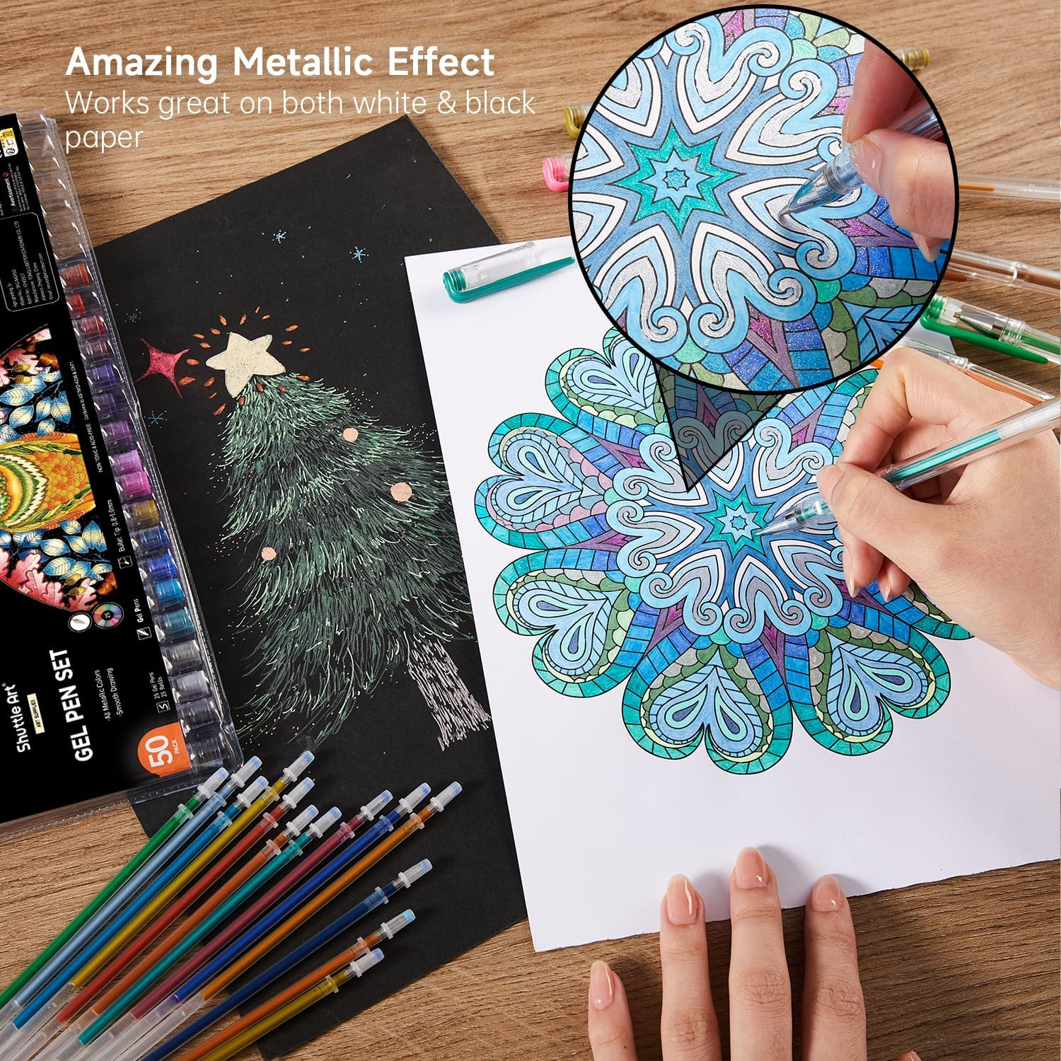 Shuttle Art 50 Pack Metallic Gel Pens, 25 Metallic Gel Pens Set with 25 Refills Perfect for Adult Colouring Books Doodling Drawing Art Markers image number 2