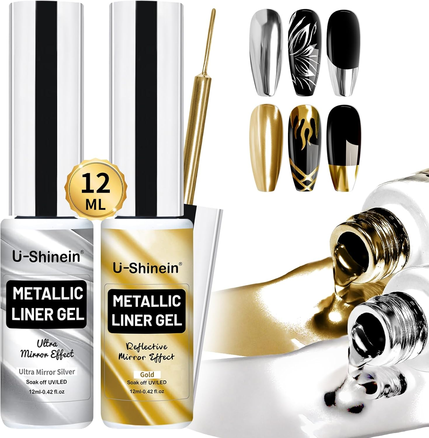 U-Shinein Metallic Mirror Painting Gel Nail Polish, Ultra Mirror Silver & Gold Metal Painted Drawing Gel with Build in Thin Brush, Chrome Gel Polish Nail Art Gel Liner Soak off DIY Nail Art 2X12 Ml - Mirror Silver + Rose Pink image number 6