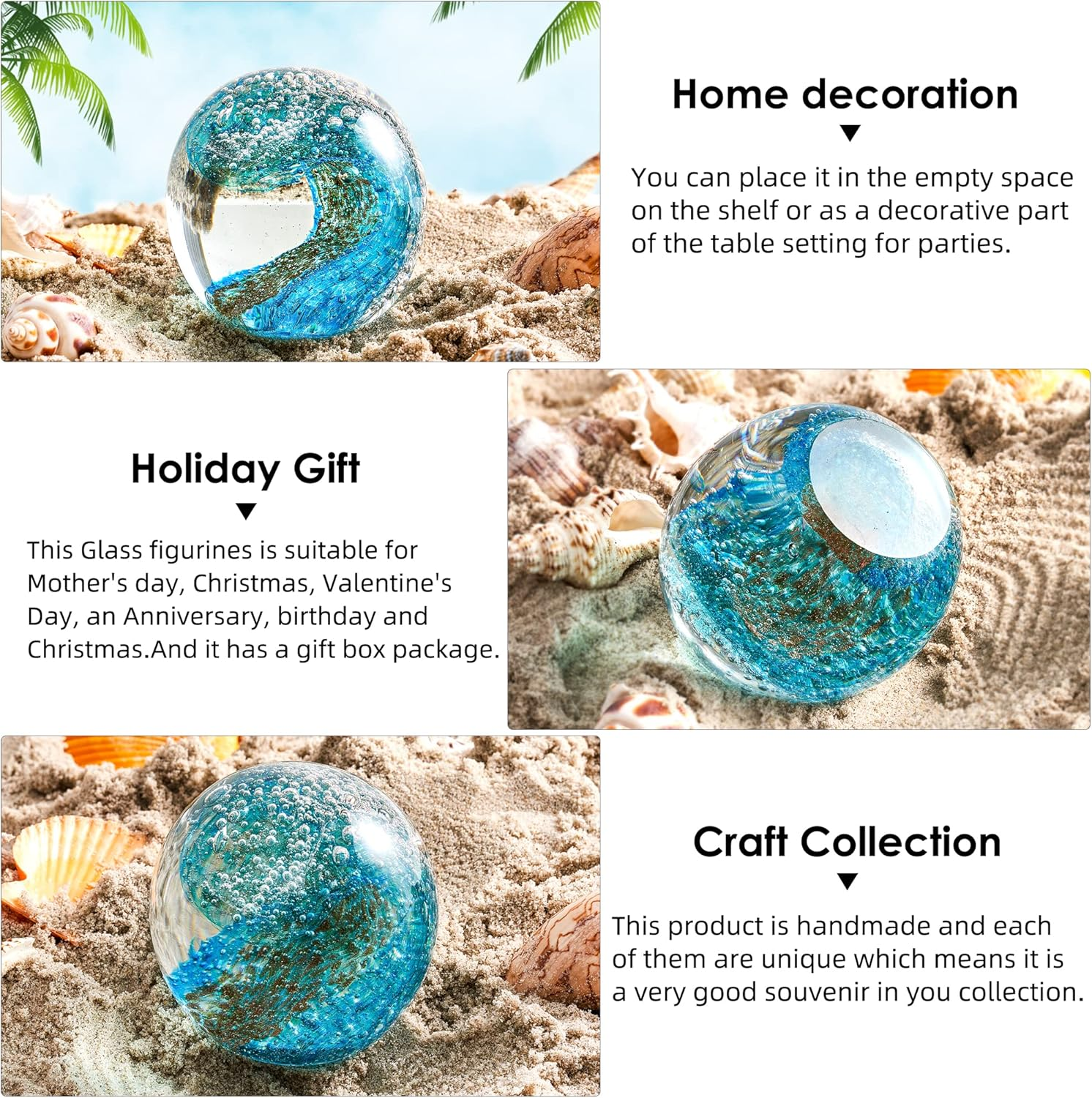 EUSTUMA Hand Blown Glass Figurines Ball Ocean Waves,Paperweight Glass Ball,Home Decor Collectible,Aquarium Decor,Office Decor Ocean Lovers