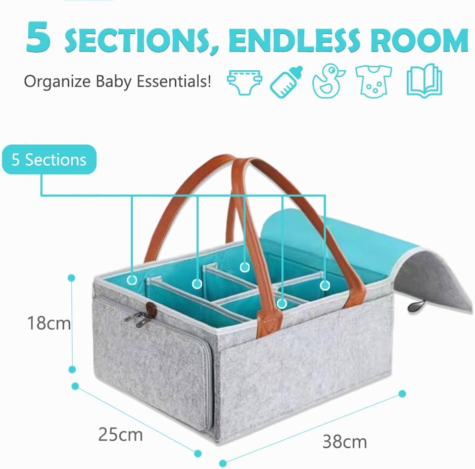 TINY SPARK Baby Diaper Caddy Organizer with Lid,Large Diaper Caddy with 7 Pockets and 5 Compartments,Foldable Diaper Tote Bag with Leather Handle for Travel, Car, Changing Table image number 4