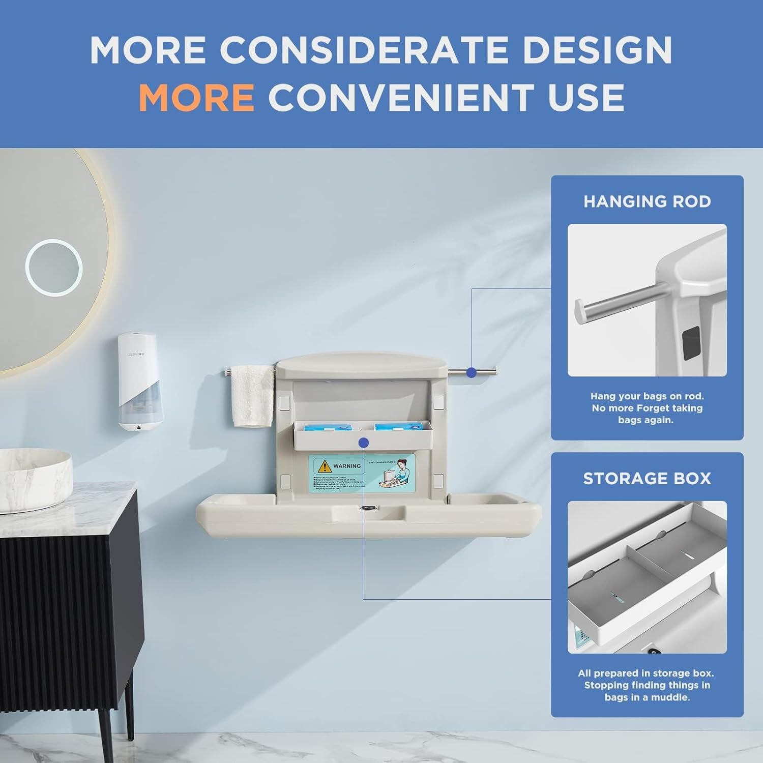 Interhasa! Baby Changing Station Commercial Wall Mounted Baby Changing Table with Adjustable Safety Strap, Storage Box, Grey, HDPE,850 * 540 * 100 Mm, 11.81 Kg image number 4