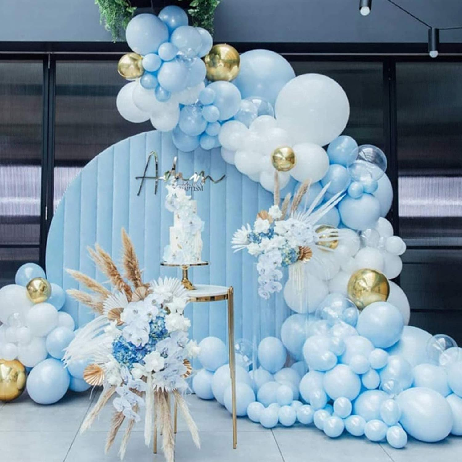 138 Pcs Blue White Balloons Garland Kit, Light Blue Balloon Arch with Gold Foil Balloons for Baby Shower Bridal Shower Boy Girls Birthday Wedding Party Teddy Bear Party Decorations image number 1