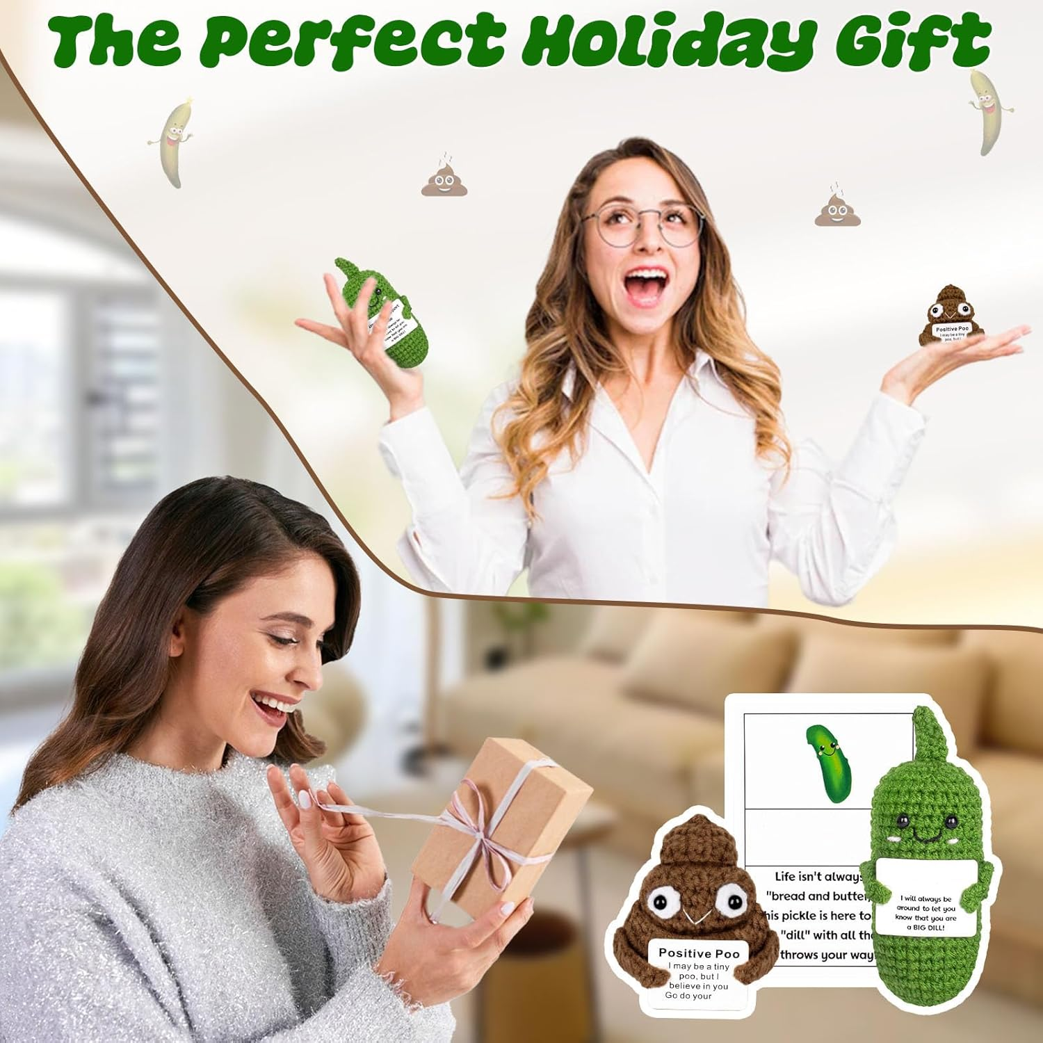 Inspirational Birthday Gifts 2P Positive Poo Emotional Crocheted Support Crochet Pickle Funny Handmade Crochet with Positive Cards Pickle Gifts Suitable for Birthday Gag Gift image number 4