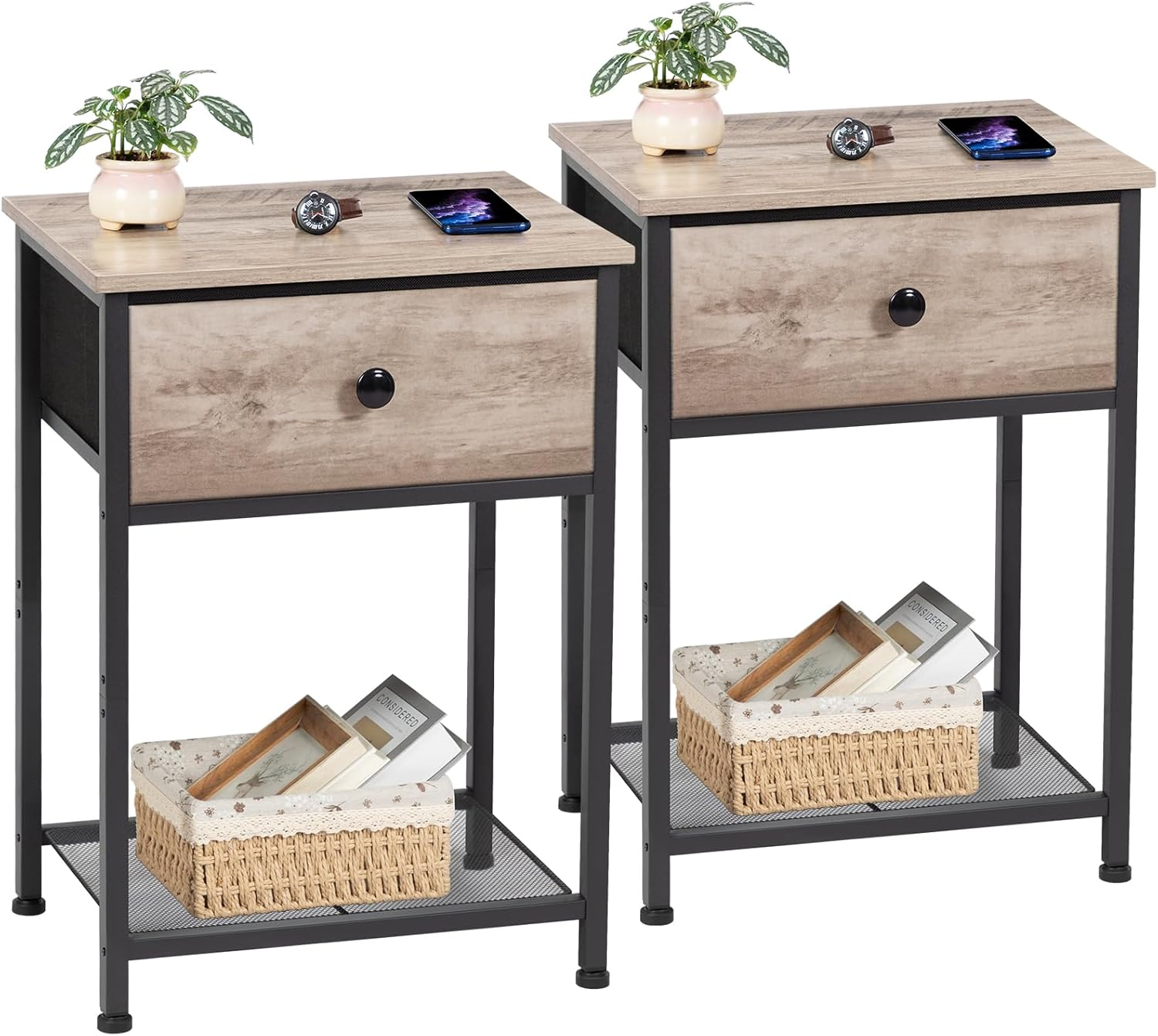 AMHANCIBLE Night Stand Set 2, Nightstand with Fabric Drawer, Industrial End Tables Living Room with Storage Shelf, Slim Bedside Table for Bedroom, Small Spaces, Rusic Brown, HET03SDDG