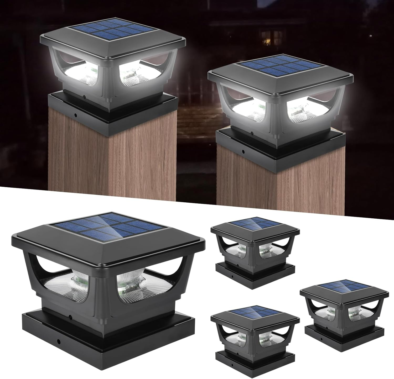 Solar Post Lights,Fence Post Lights IP65 Waterproof Fence Lights Outdoor Garden,Cap for 3X3 3.5&times;3.5 4X4 Inch Patio Fence Post Deck Wooden Posts-4 Pack image number 3