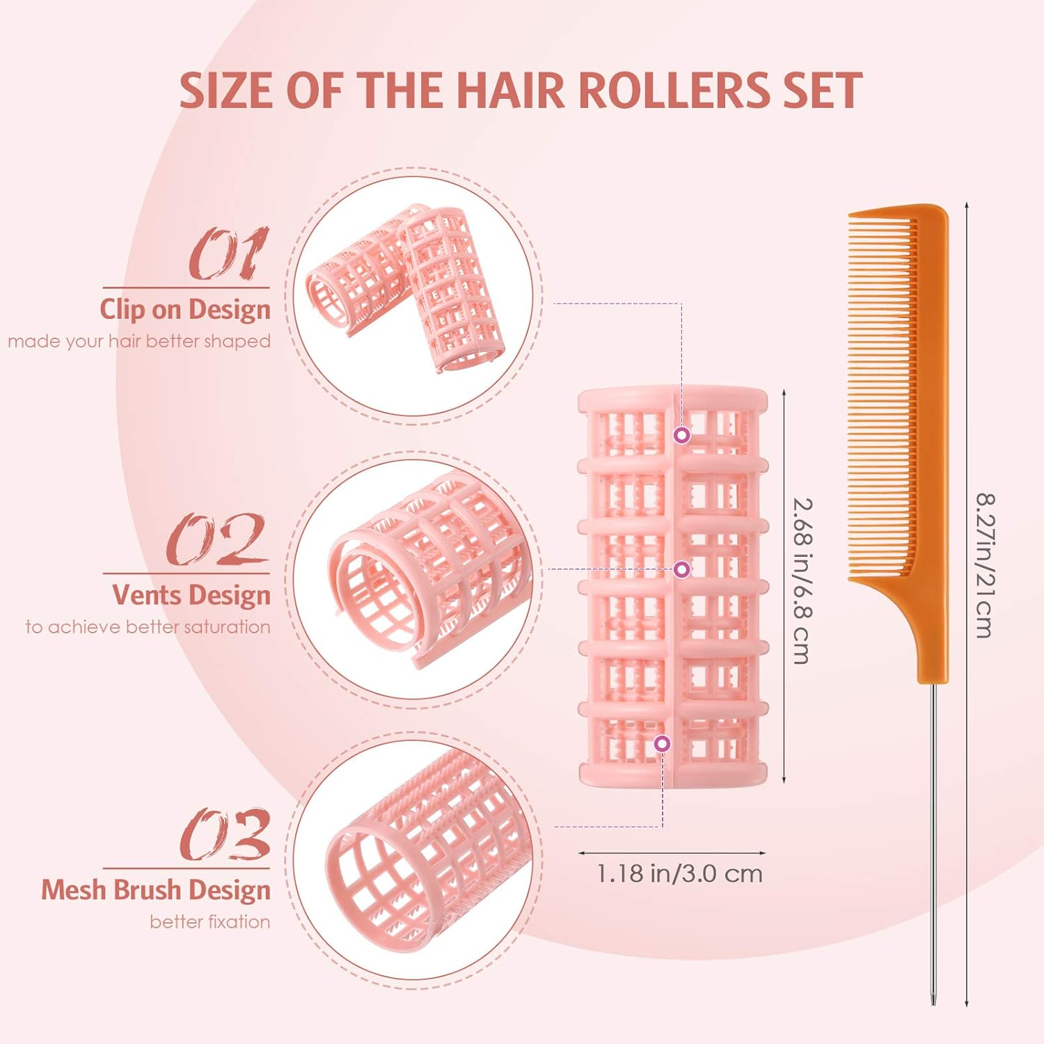 Syhood 12 Pieces Snap Hair Roller, Large Size Plastic Hair Rollers Curlers with Rat Tail Comb for Hairdressing Styling Tools(6.8 X 3 Cm,Peach Color) image number 6