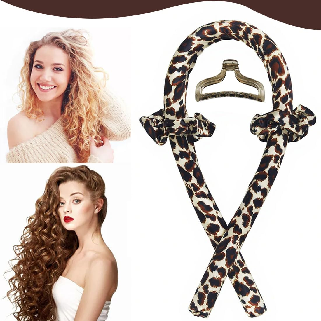 Heatless Curls, Overnight, Curls without Heat, Silk Heatless Curls Band Curler Overnight, Hair Curler DIY Hair Curling Band Hairstyle Set for Long Medium Hair (Leopard Print) image number 2