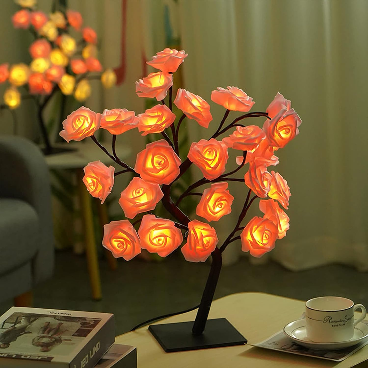Rose Tree Lamp,Flower Lamp Tabletop Bonsai Tree Light,Fairy Tree Light Lamp,Rose Flower Tree Lamp with 24 Warm White LED Lights,Usb Powered for Mom Girls Home Bedroom Decor (Pink) image number 5