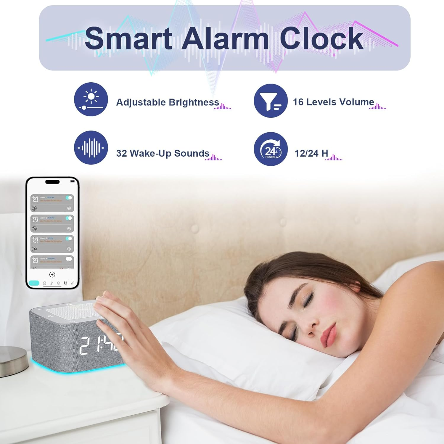 Sound Machine Alarm Clock for Baby Adult, 32 Soothing Sounds White Noise Machine APP Control, Night Lights Bluetooth Speaker, Noise Machine with Dimmable Clock for Kids Teens