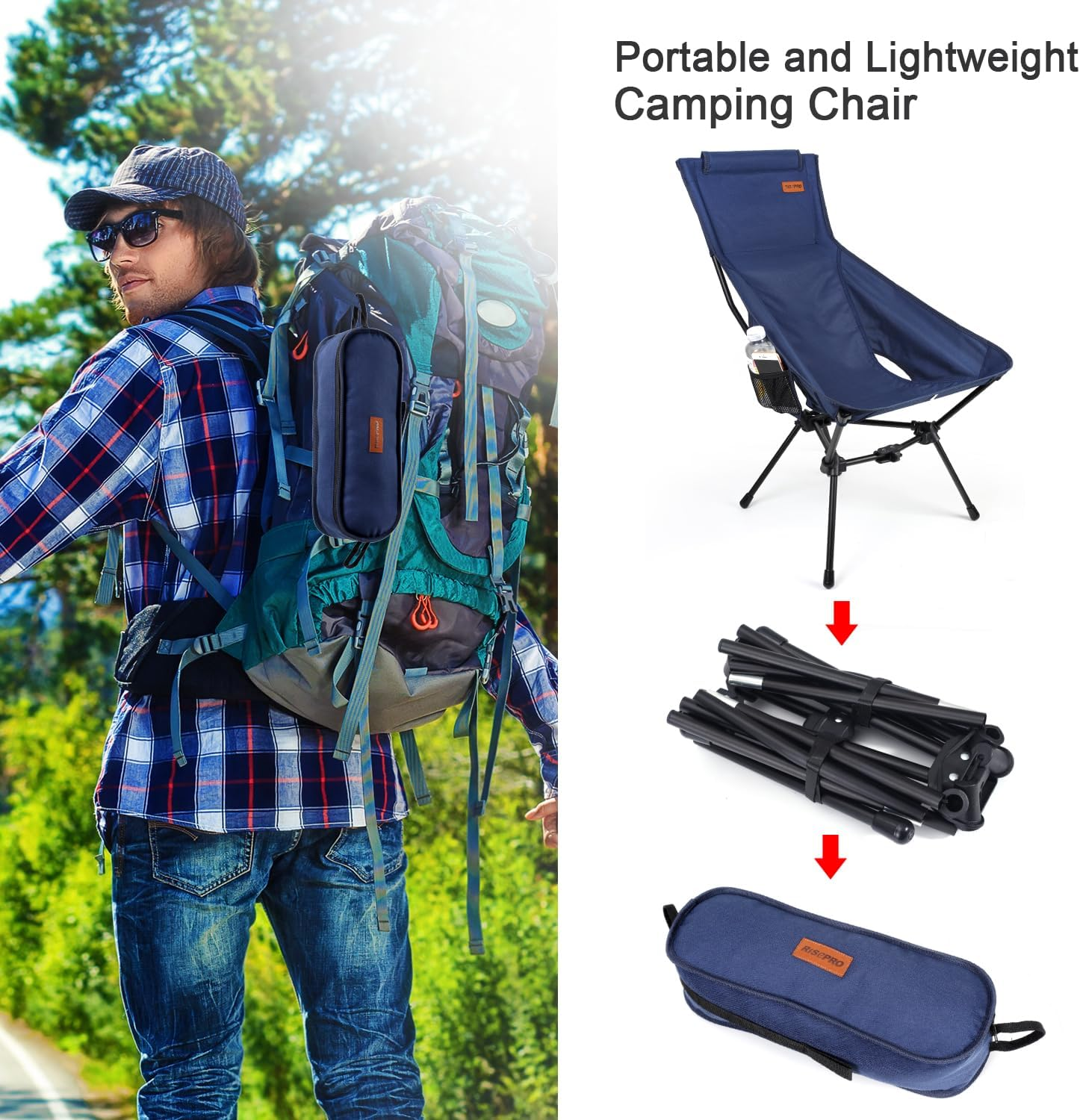 RISEPRO Upgraded Outdoor Camping Chair Portable Lightweight High Back Folding Camp Chairs with Sturdy Triangular Structure & 2-Sided Pocket for Outdoor Backpacking Hiking Travel Picnic Fishing Blue image number 4
