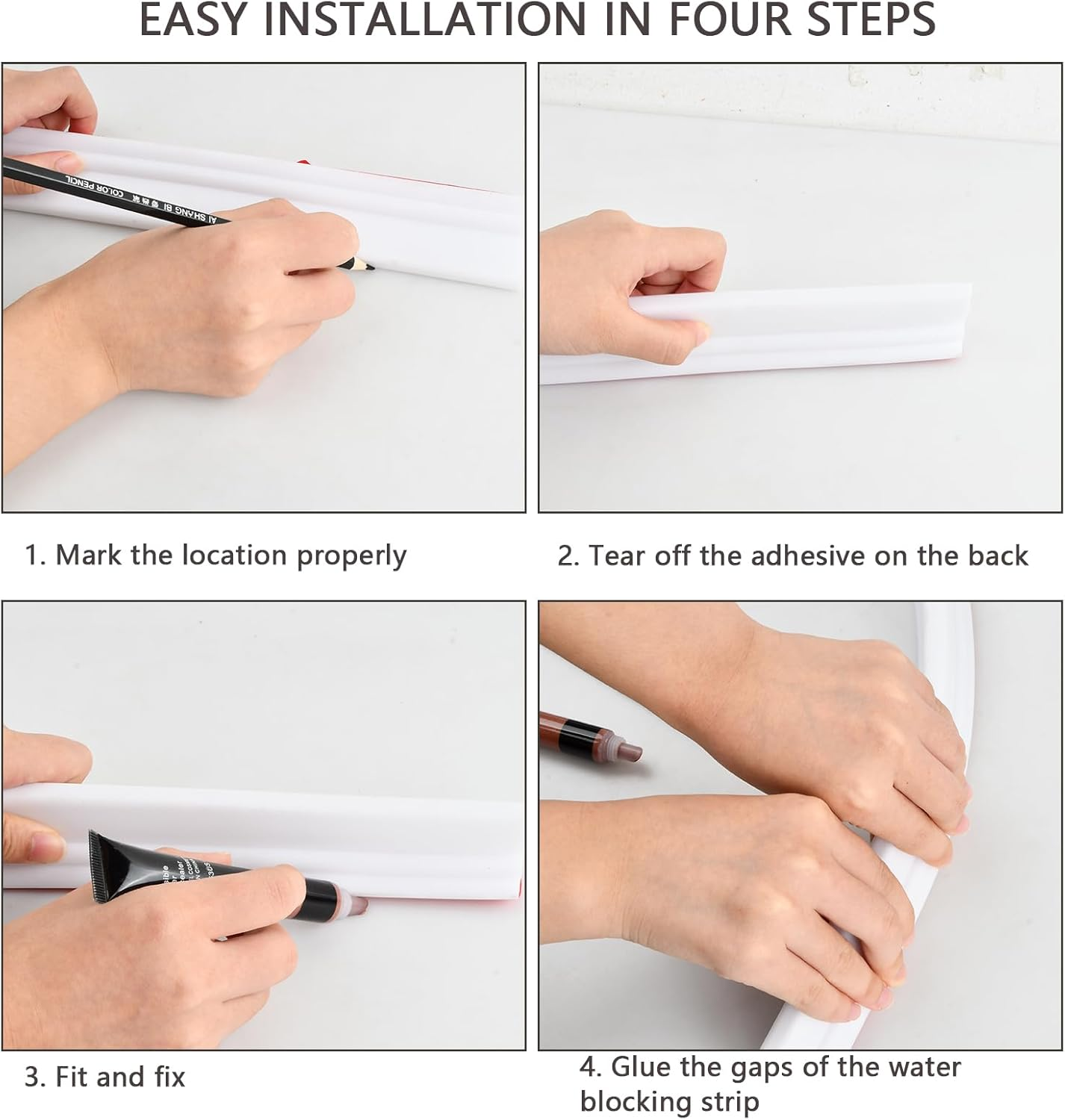 Wet Room Floor Barrier, 2M Rubber Shower Tray Sealing Strip, Self-Adhesive Shower Splash Guard, Shower Threshold Water Barrier, Flexible Shower Screen Seal Strip for Bathroom Floor Sink Bathtub, White image number 6