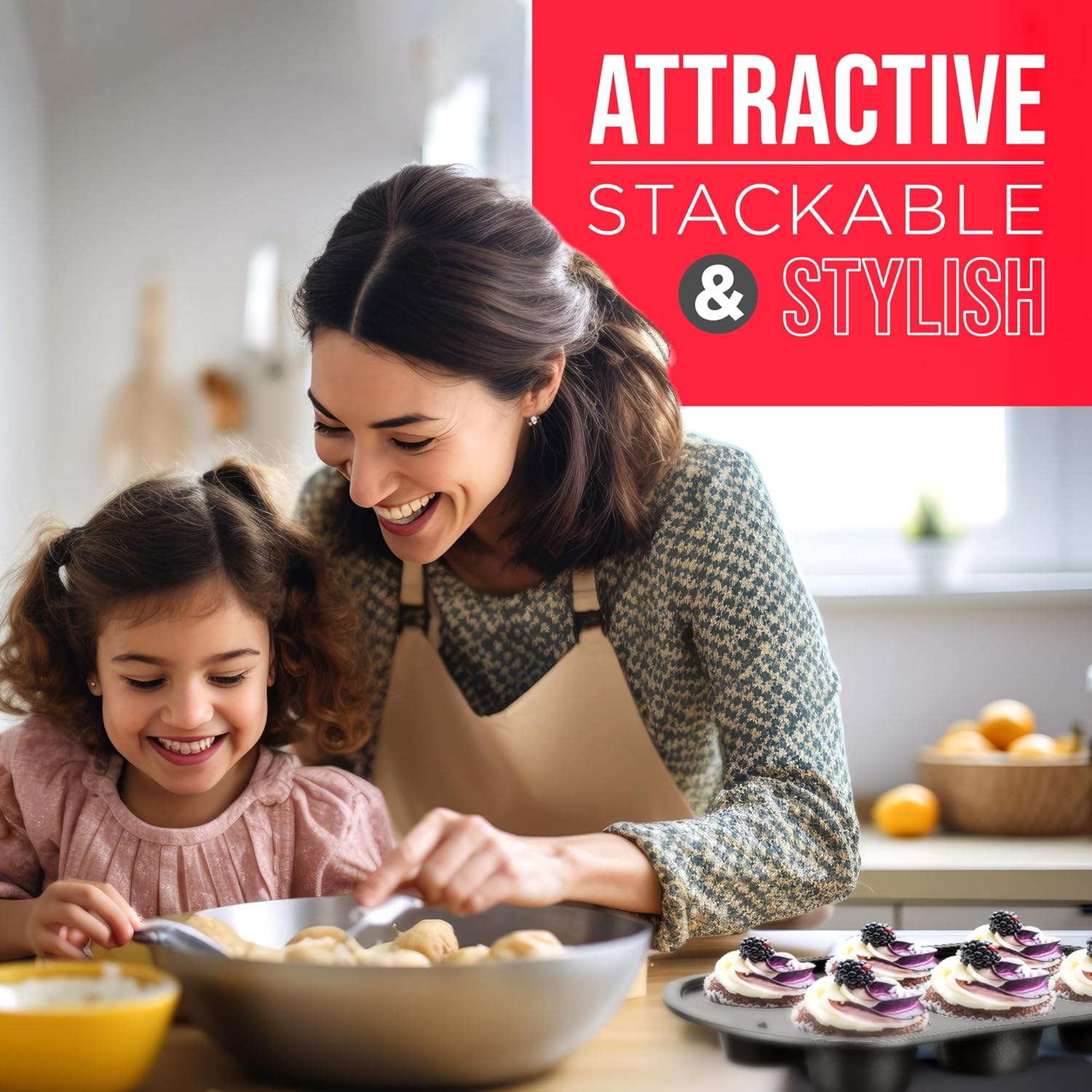 Bakken Swiss - Bakeware Set &ndash; 6 Piece &ndash; Stackable, Deluxe, Non-Stick Baking Pans for Professional and Home Cooking &ndash; Carbon Steel, Gray Stone Coating image number 4