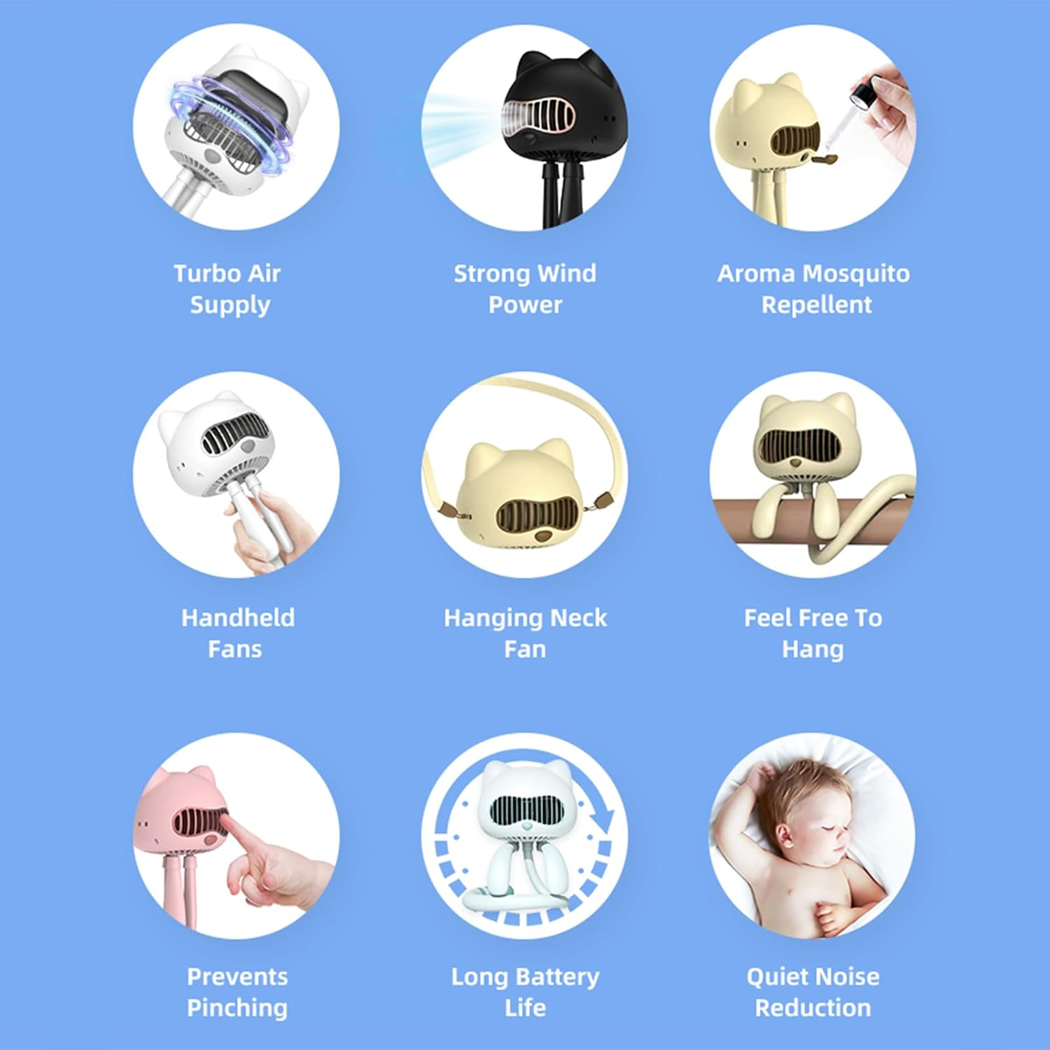 FUNJEO F08 Stroller Fan,Handheld,Table,Powerful 2000Mah Battery USB Rechargeable,Non-Touch Design,Aroma Fan,For Women/Family (Blue)