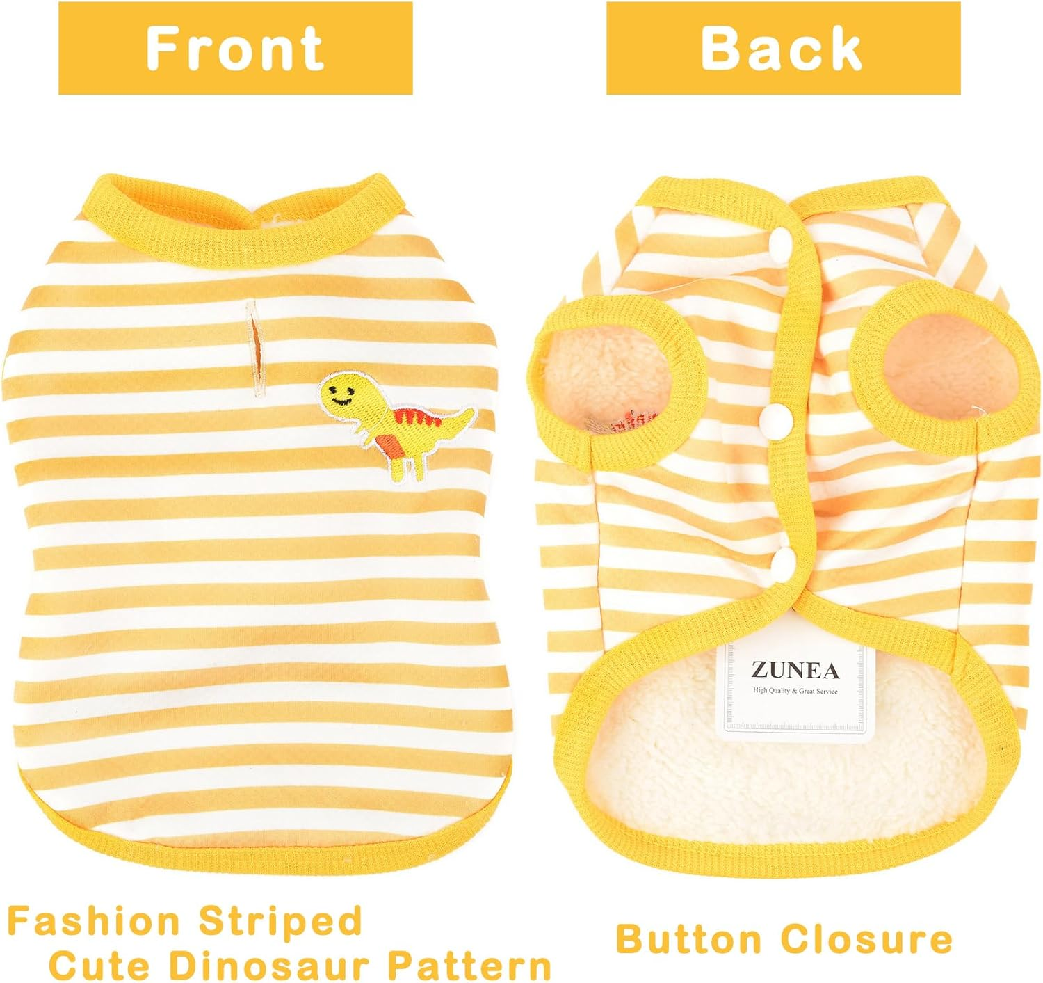 Zunea Striped Dog Winter Jacket Coat with Harness Hole for Small Dogs Cats Warm Fleece Lined Vest Coat Cute Dinosaur Puppy Clothes Cold Weather Pet Girl Boy Apparel for Chihuahua Yorkie Yellow M image number 2