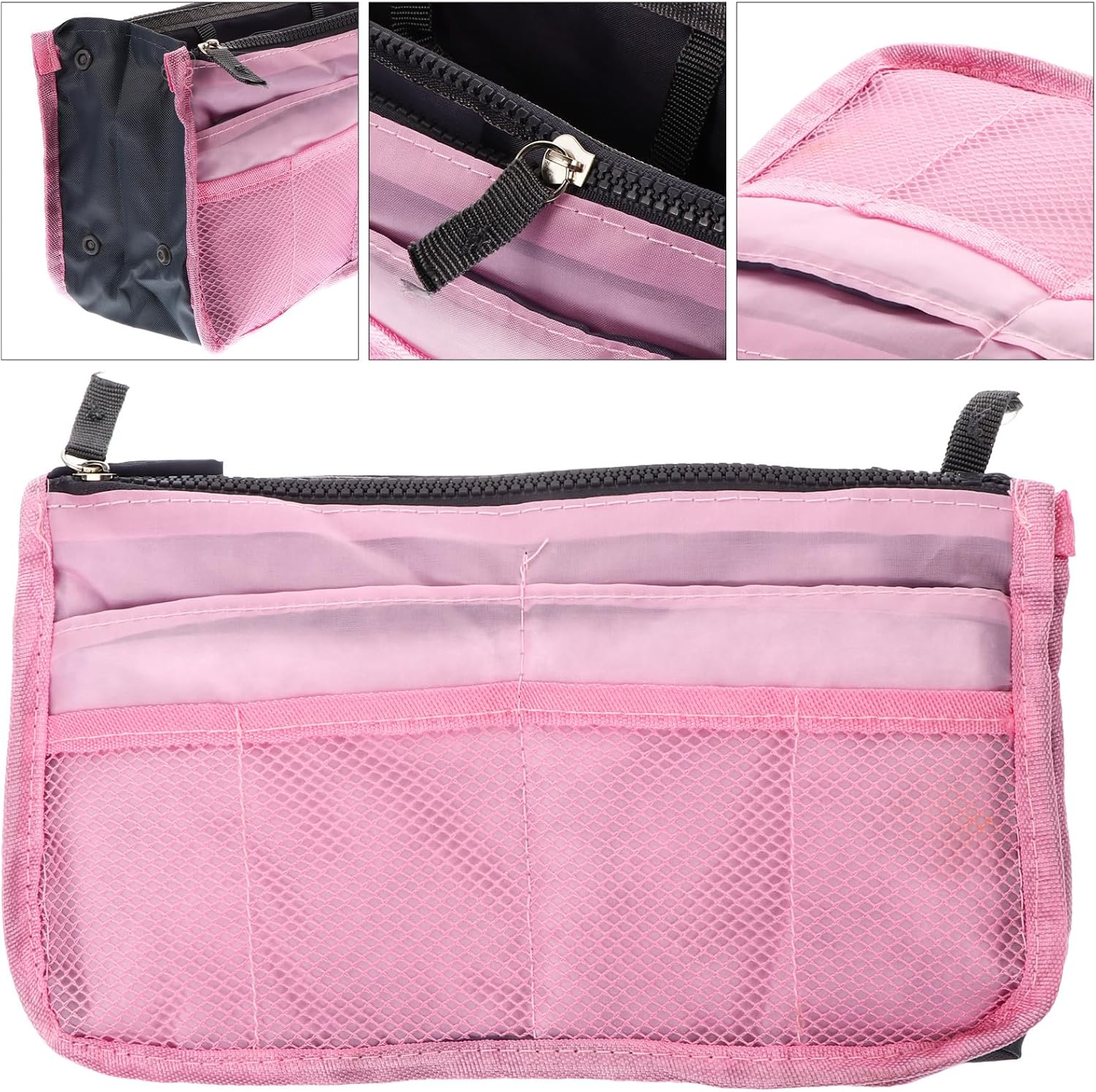SWETRACE Large Capacity Foldable Pink Tote Bag Liner with Dual-Layer Multi-Pocket Design, Portable Nylon Cosmetics Storage Bag for Travel Toiletries and Makeup Organizer image number 1