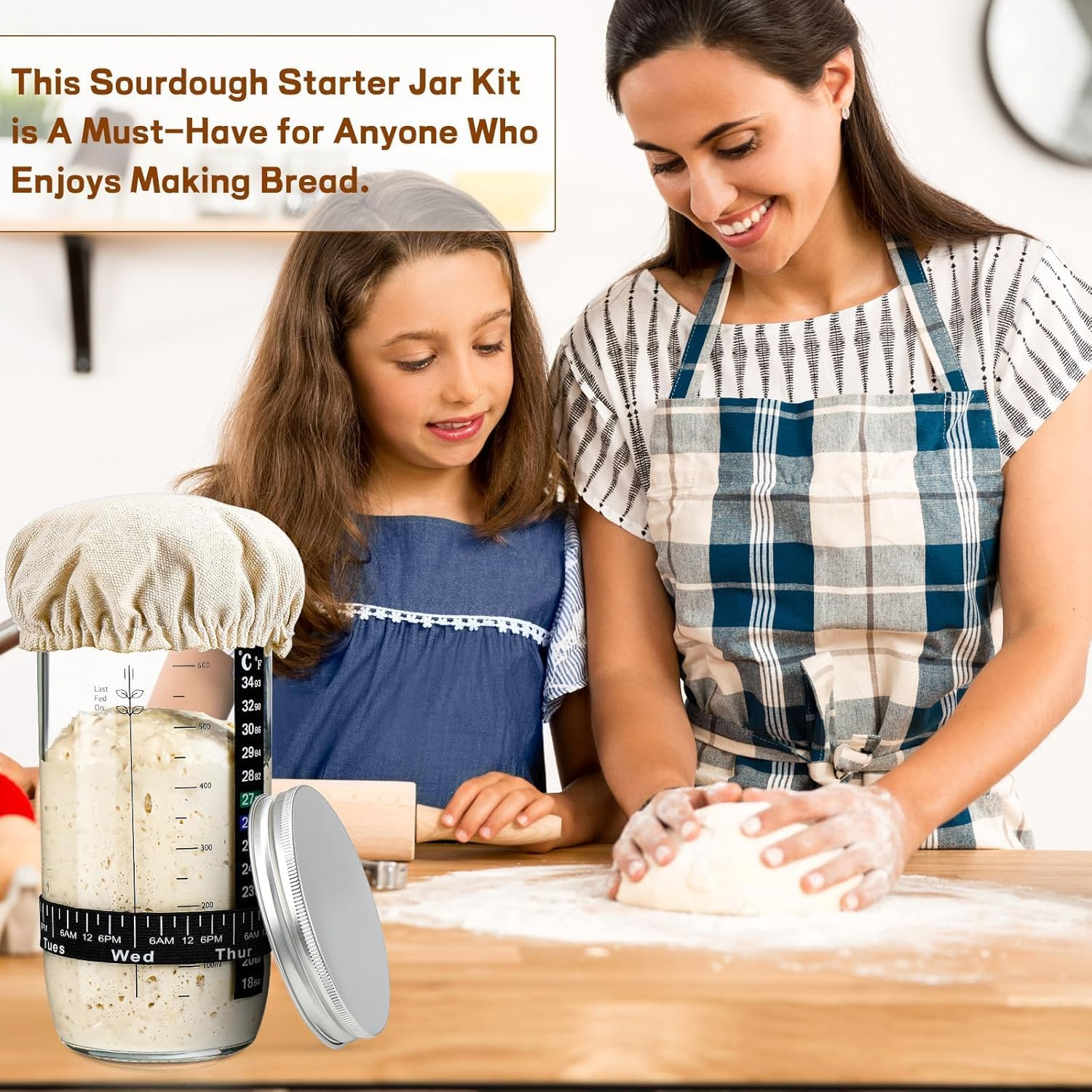 ZDZX 24Oz Sourdough Starter Kit with Date Marked Band - Includes Glass Jar, Thermometer, Silicone Scraper, Cloth Cover & Metal Lid - Baking Supplies for Homemade Sourdough, Family & Beginners image number 1