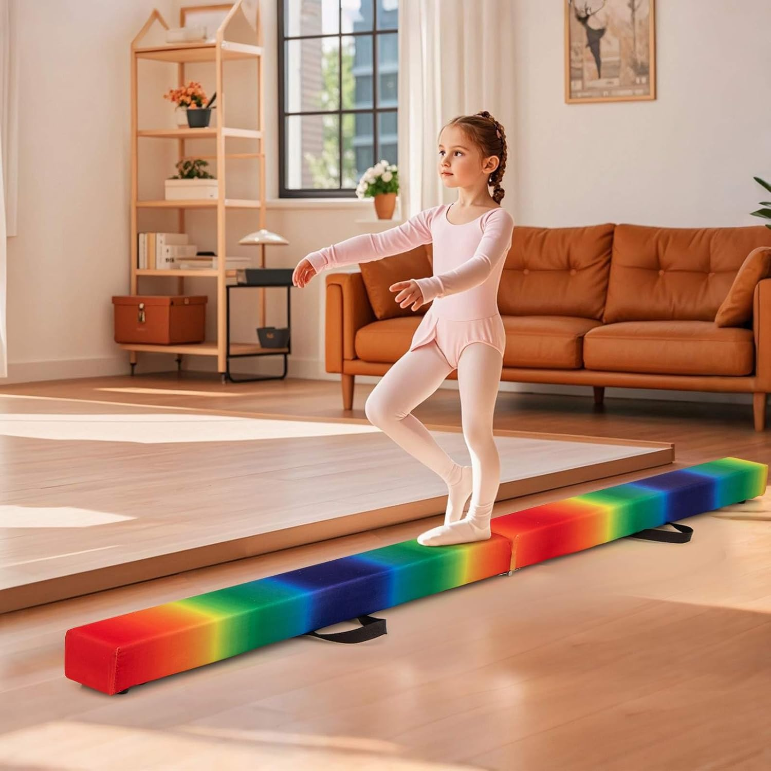 Costway Folding Balance Beam, Portable Gymnastic Beam W/Solid Wood Base & Anti-Slip Bottom, Extra Firm Floor Gymnastics Equipment W/Carry Handle for Professional Home Training