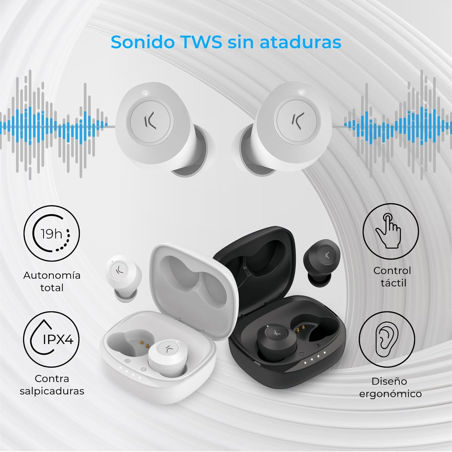 KSIX Oblivion Wireless Bluetooth Headphones, HD Microphone for Calls, Waterproof, Voice Assistants, 19 Hours Battery Life, True Wireless Stereo, Touch Control, Black - Black image number 4