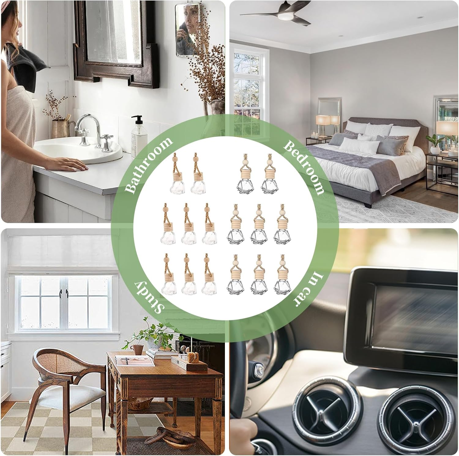 16 Pcs Car Aromatherapy Essential Oil Diffusion Bottle Car Hanging Pendant Ornaments with Wooden Caps and String, Reusable Clear Glass Empty Bottles, Perfume Containers Pendants for Automobile image number 3