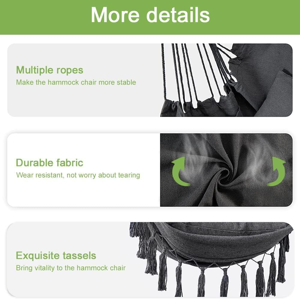 CULOTOL Hammock Chair Hanging Rope Swing Chair with 2 Seat Cushions & Installation Kit, Max 330 Lbs,Hammock Swing Hanging Chair for Bedroom outside Shanging Yard Patio Camping Garden image number 5
