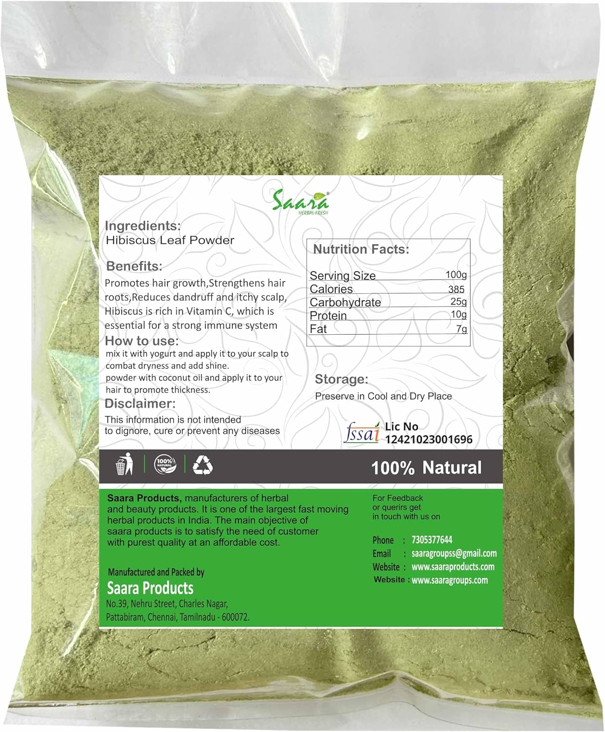 Saara HERBAL FRESH Hibiscus Leaf Powder,100G, Sembaruthi Leaf Powder, Jasus, Gudhal, Dasanamu, Chembarathi, Dasavala Leaf Powder, (Pack of 1 X 100G) image number 1
