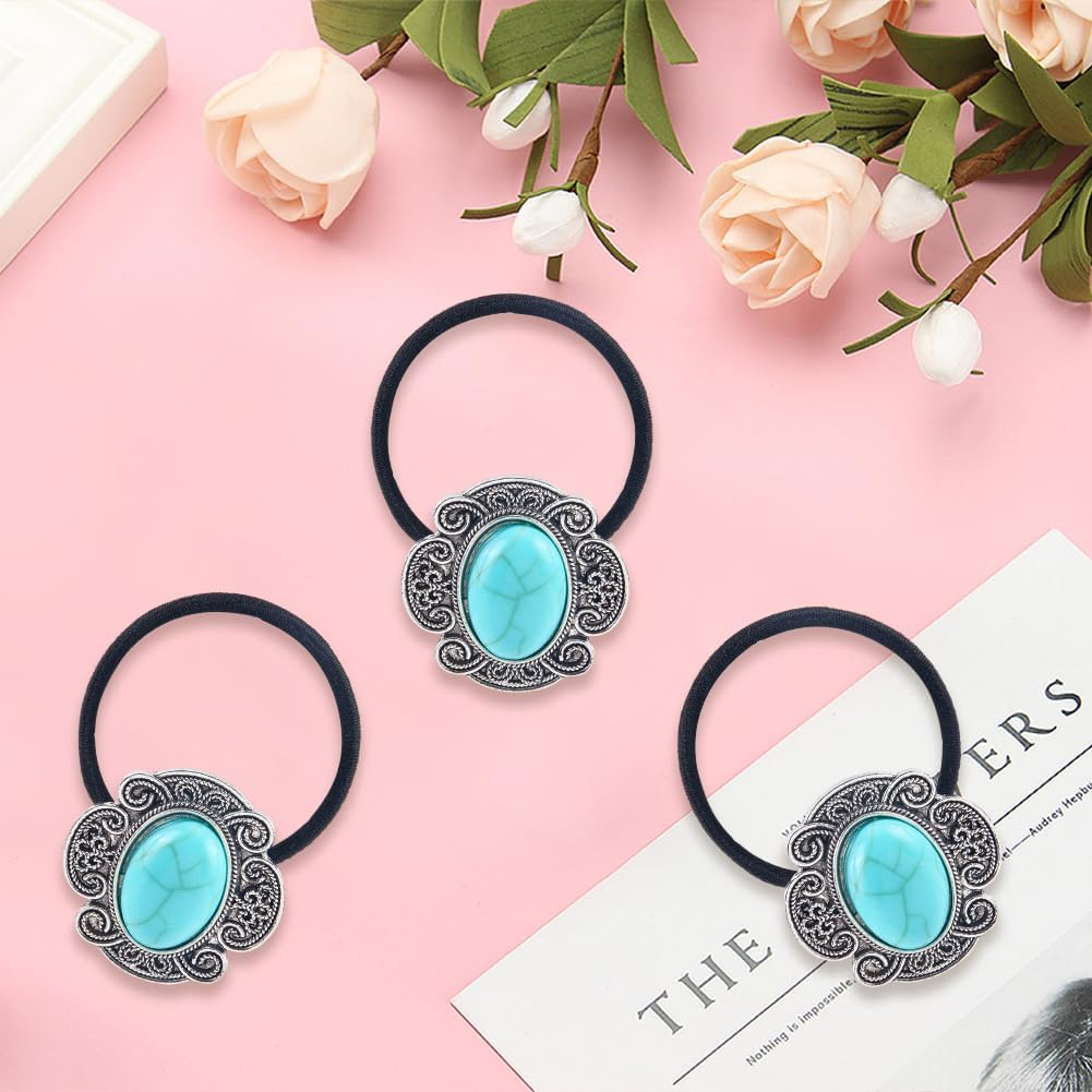 CABODYALS Pack of 3 Vintage Boho Metal Ponytail Holders Cowgirl Elastic Hair Bands Rope Western Style Turquoise Decorative Hair Bobbles Bracelet Bulk Pack for Women Party Outfit Ceremony Accessories image number 5