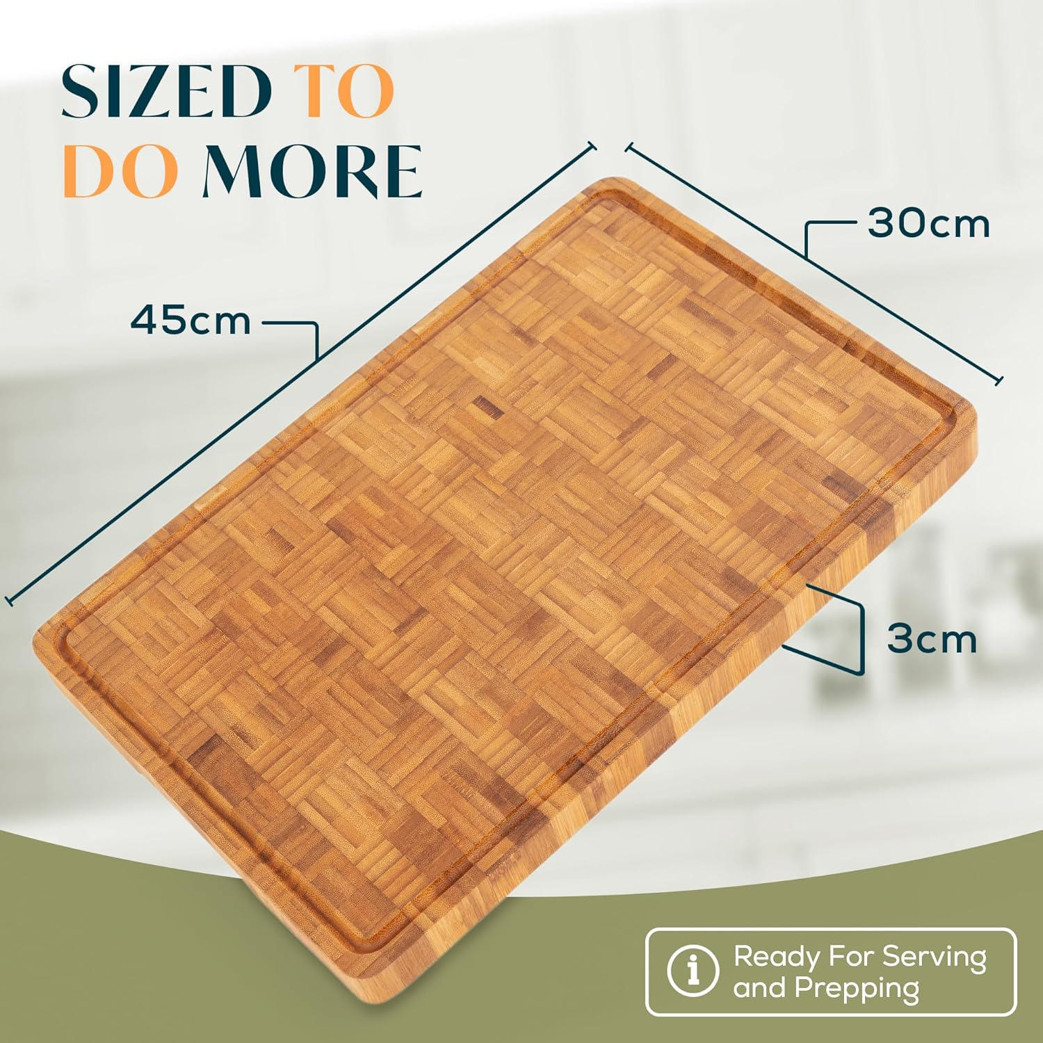 Cactus and Cubby Wooden Chopping Board. Crafted End Grain Bamboo Cutting Board. Premium Deep Carbonised Finish. Large (45 X 30 X 3Cm). Butchers Block. Juice Grooves. Side Handles. Serving Tray. image number 6