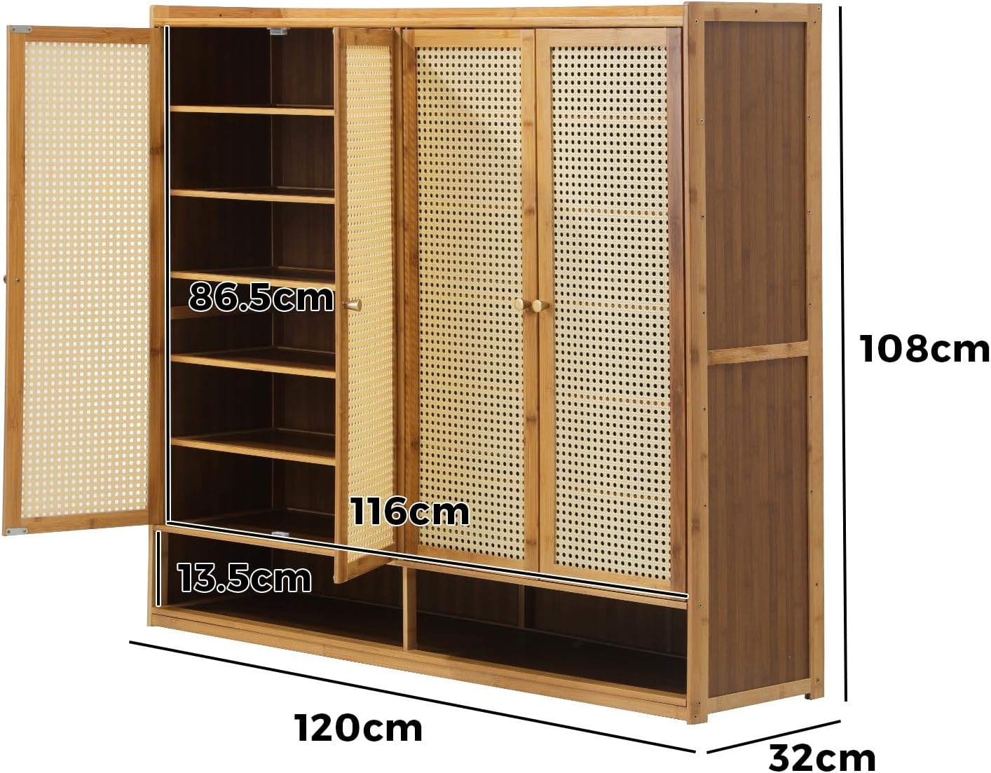Oikiture Shoe Storage Cabinet with Rattan Door and 6 Tier Shelves Shoe Rack Storage Hallway Wooden image number 5