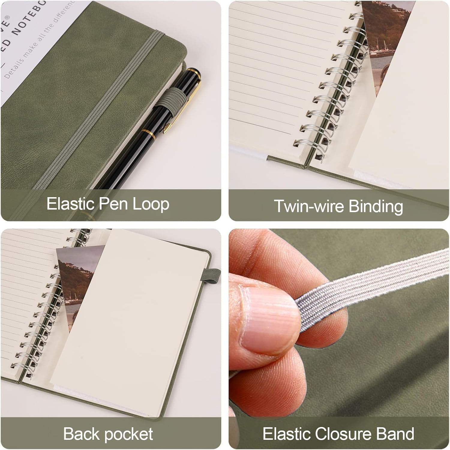 Lined Spiral Notebook Journal for Women Men 200 Pages A5 College Ruled Hardcover Leather with Pen Holder Notebook Journals for Note Taking Work (Green) - Black image number 2