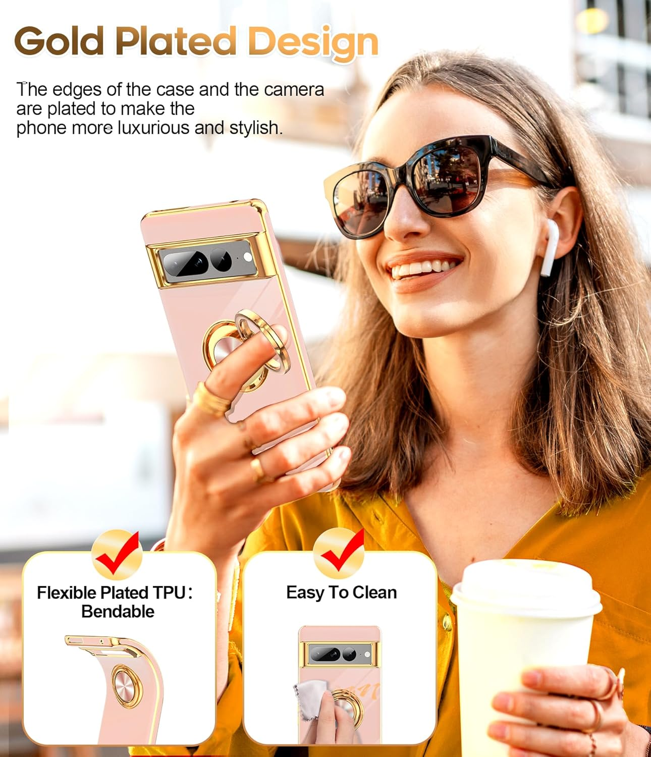 Leyi for Google Pixel 7 Pro Case: 360&deg; Rotatable Ring Holder Magnetic Kickstand, Plating Rose Gold Edge Protective Google Pixel 7 Pro Case, Pink image number 6