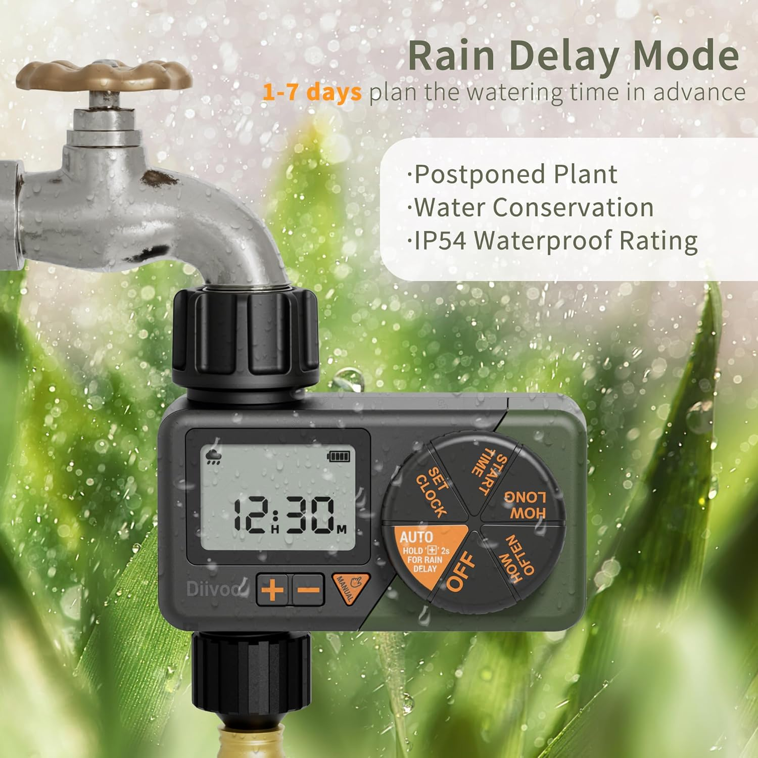 Water Sprinkler Timer, Diivoo Irrigation Timer Tap Timer with Rain Delay and Manual Watering, Water Timer for Lawns and Gardens