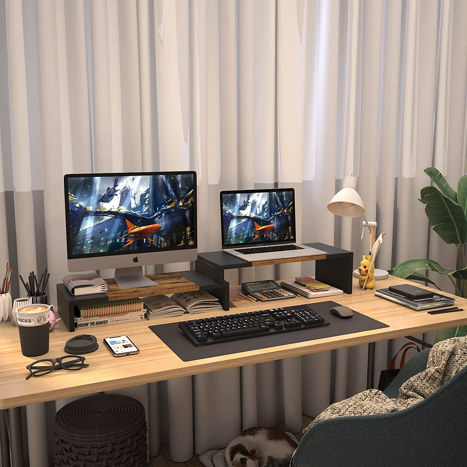 WESTREE Dual Monitor Stand - Riser 2 Shelf Computer with Adjustable Length and Angle, Stands for Monitors, Desktop Organizer PC, Computer, Laptop image number 4