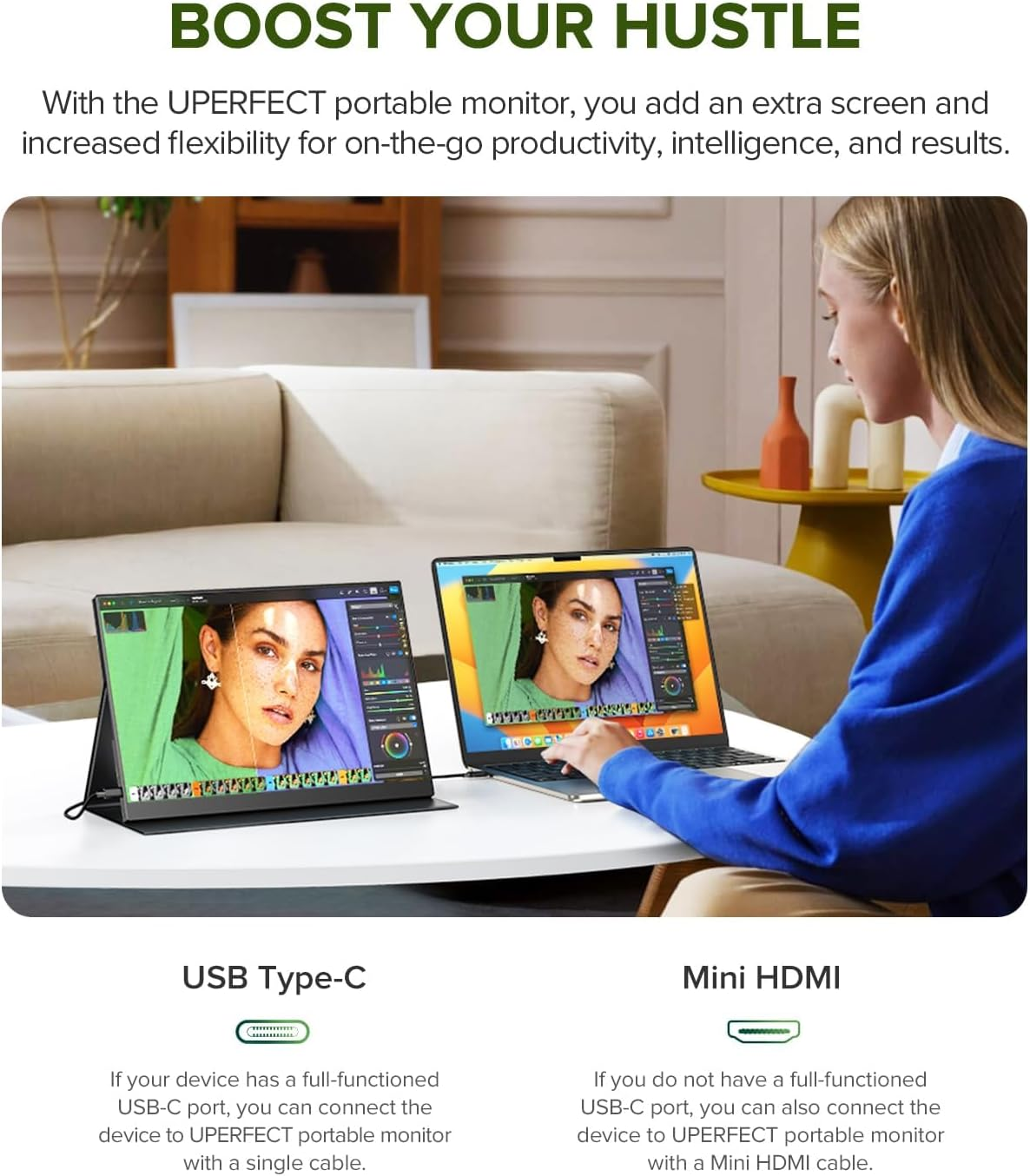 UPERFECT 2K Portable Monitor, 14" Ultra Slim Portable Laptop Monitor 2160 * 1440 QHD External Display with Dual Speakers HDR Freesync Second Screen for Laptop PC Phone Game Console image number 2