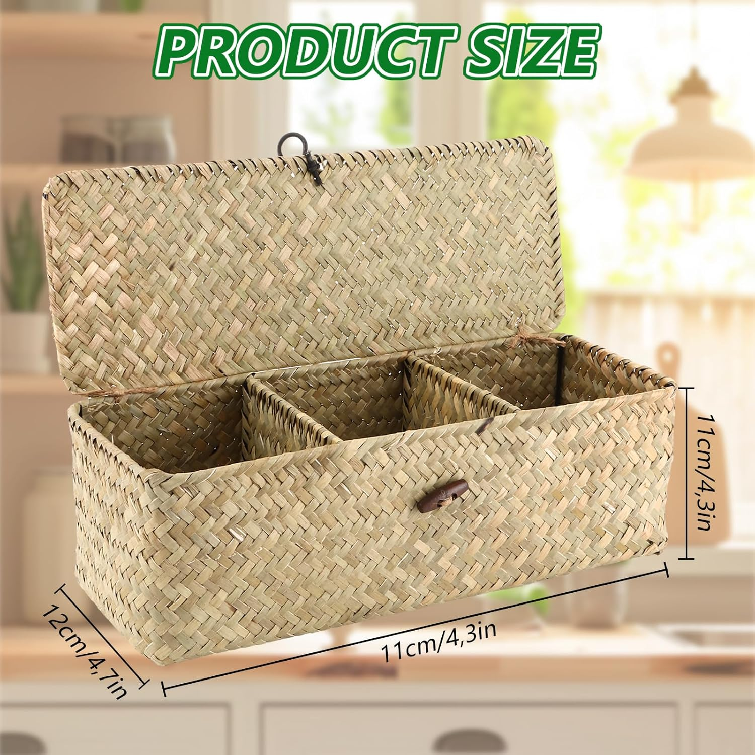 APACALI Pack of 2 Seagrass Storage Basket with Lid, Rectangular Rattan Storage Basket with Compartment, Natural Braided Baskets, Wicker Baskets for Shelves, Organisation of Natural Seagrass image number 1