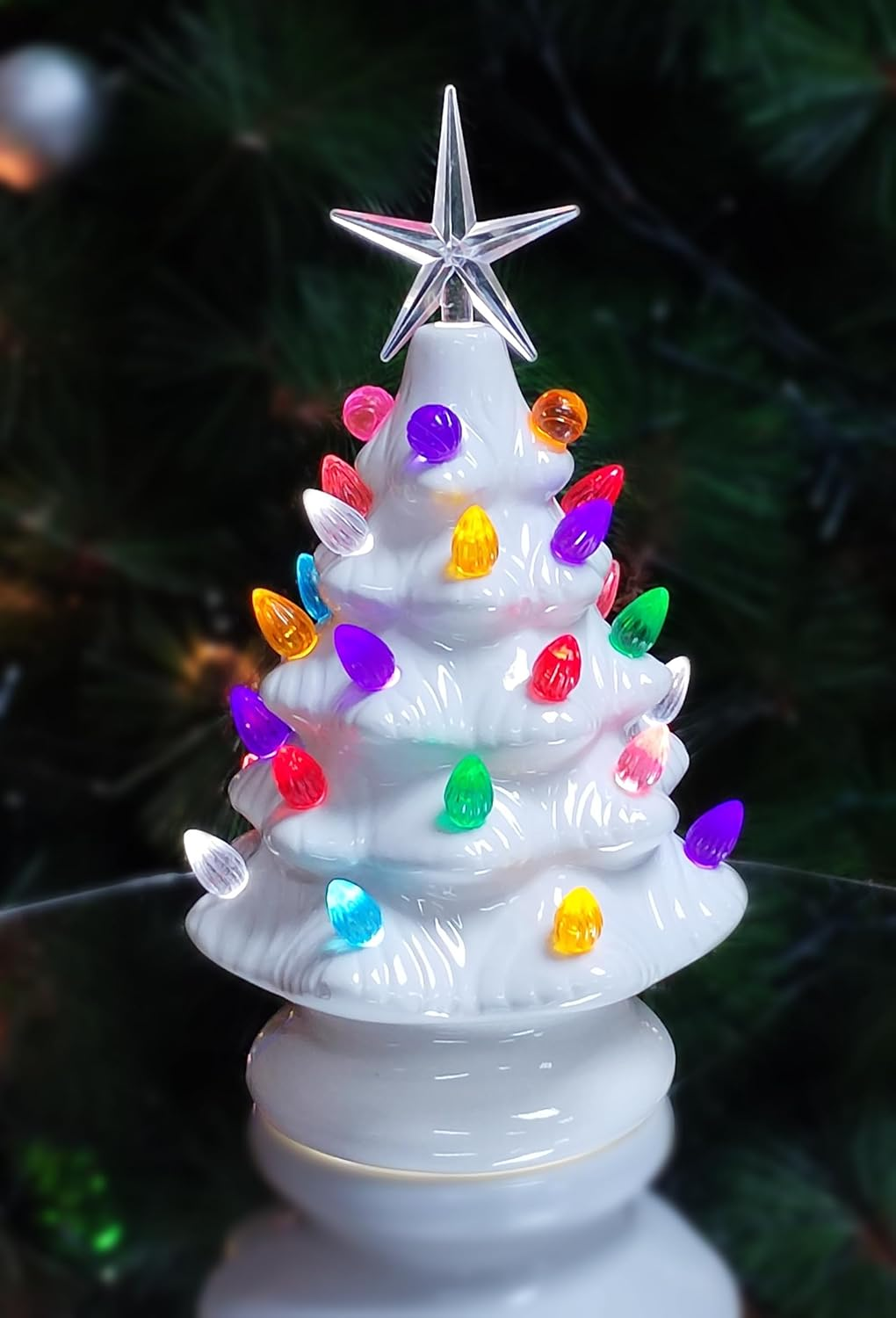MOMENTS in TIME Ceramic Christmas Tree 9&rdquo; White LED Lighted Pre-Lit Tabletop Tree with Multicolor Bulbs & Star Topper, Battery Operated Holiday D&eacute;cor image number 3