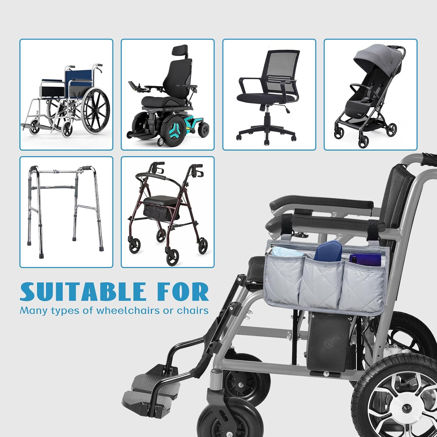 2 PCS Wheelchair Bag and Reflective Stripes, Black and Gray Wheelchair Side Bag, Wheelchair Accessories for Seniors, Wheelchair Armrest Side Bag for Manual Wheelchair, Electric Wheelchairs, Rollator and Walker (Gray) image number 2