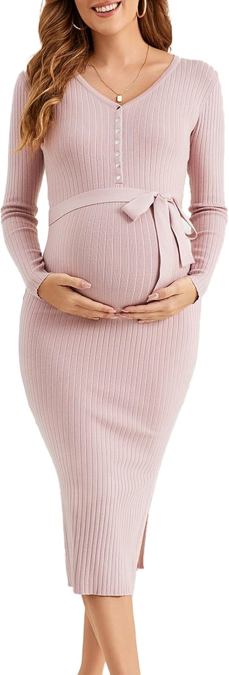Ecavus Women'S Long Sleeve Maternity Sweater Dress for Baby Shower V Neck Slit Maternity Photoshoot Dress with Belt image number 2