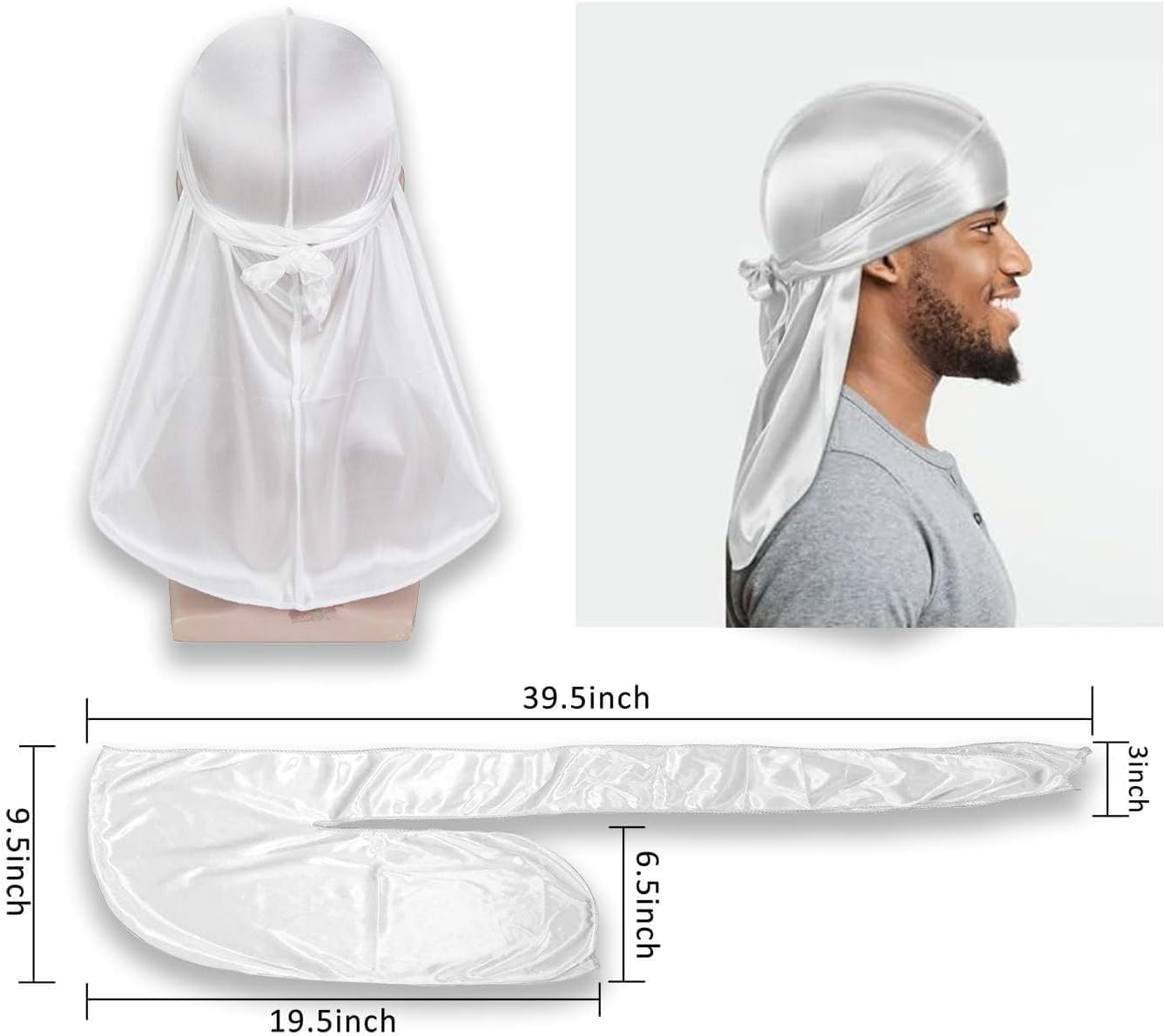 6 Pcs Silky Durag Headwraps Dorag for Men Women Waves, Durags Pack with Long Tail and Wide Straps, 6 Colors image number 3