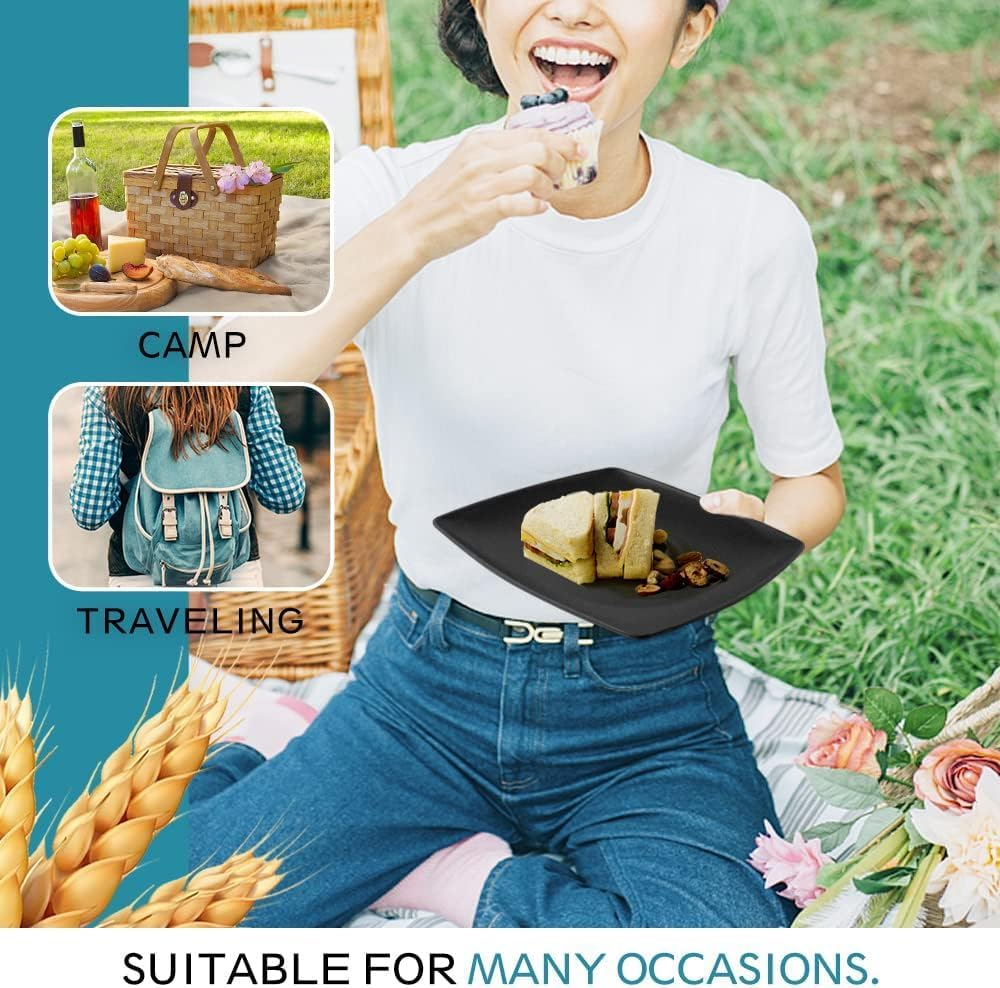 HOMIEST 32-Piece Plastic Wheat Straw Square Dinnerware Set for 8, Unbreakable Dinner Plates, Salad Plates, Snack Bowls, Tumblers 20 Oz, Dishwasher Safe, Black Matte image number 1