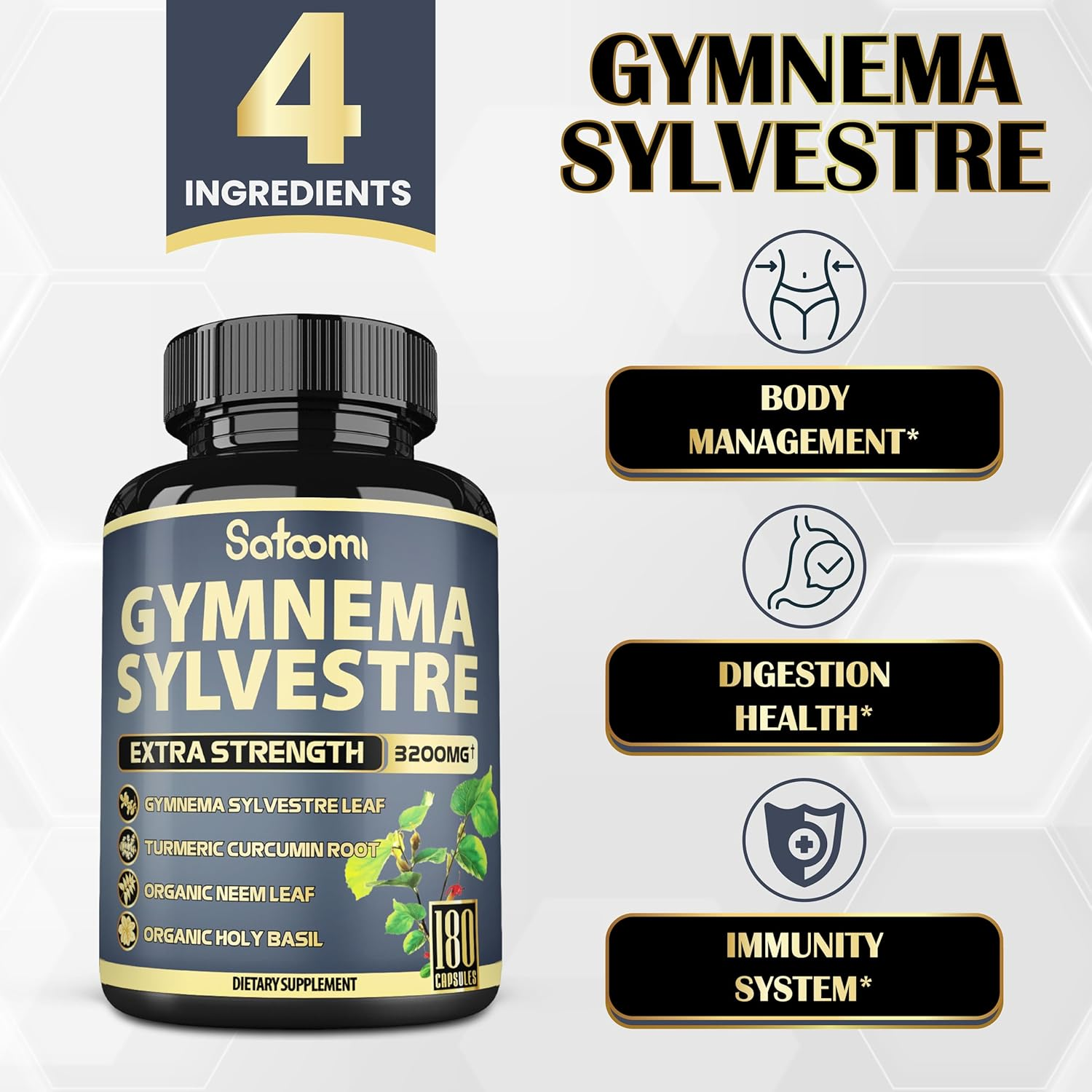 SATOOMI Gymnema Sylvestre Extract Capsules -    - 4 Herbs - Blended with Turmeric Curcumin & Neem Leaf, Holy Basil - 1 Pack 180 Vegan Capsules