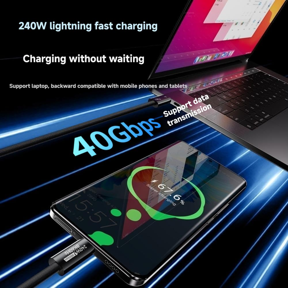 BASEMO Usb4/Thunderbolt 4 Braided Cable 1M, 40Gbps High Speed Data, 8K@60Hz Video, 240W PD 3.1 Fast Charging, USB C Cord for Macbook, SSD, Iphone 15, Monitor image number 5