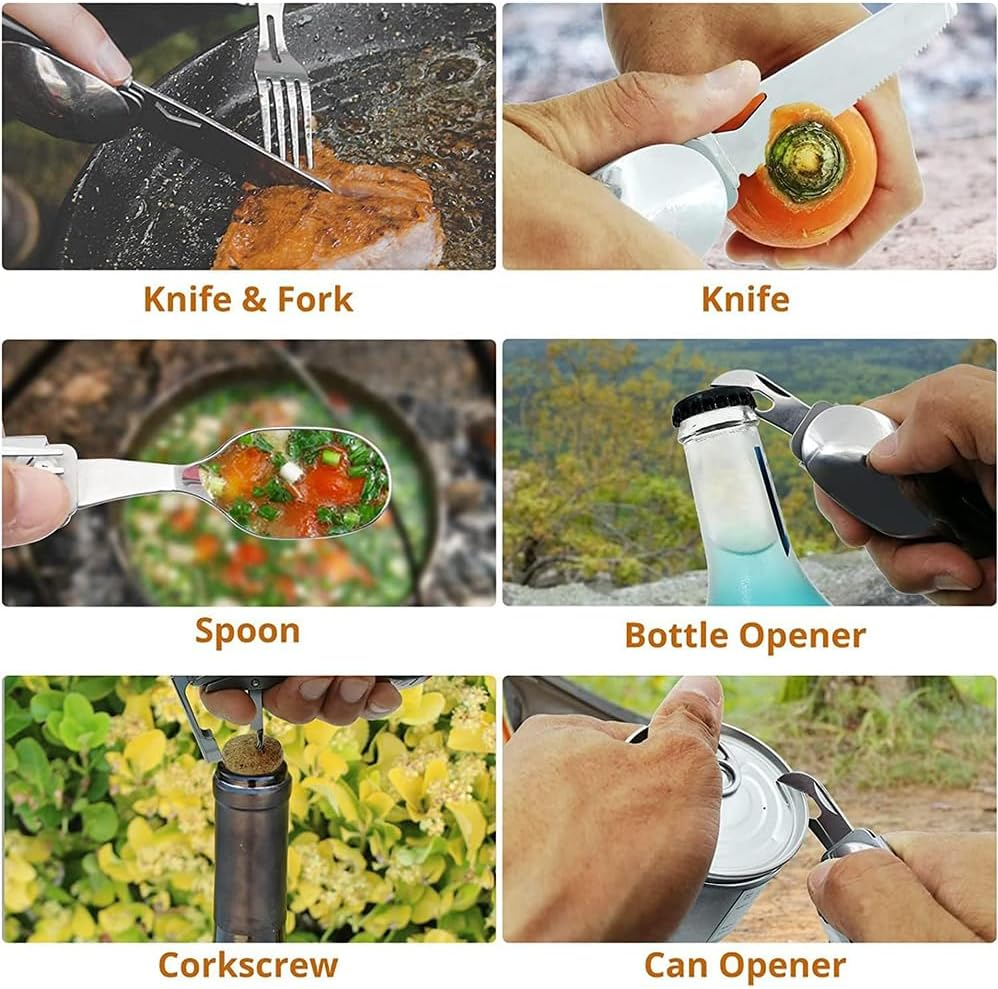 6-In-1 Multi-Functional Stainless Steel Portable Utensil Set &ndash; Detachable Cutlery for Camping, Travel, and Outdoor Adventures, Folding Spoon, Fork, Knife, Wine Bottle Can Opener Portable. image number 4