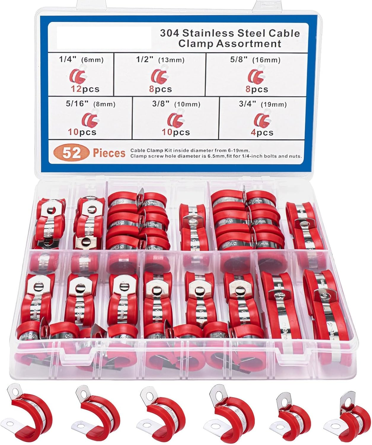 52Pcs P Clips Hose Clamp Cable Clamps Assortment Kit, 304 Stainless Steel Rubber Cushion Pipe Clamps in 6 Sizes 1/4" 5/16" 3/8" 1/2" 5/8" 3/4" (BLACK)