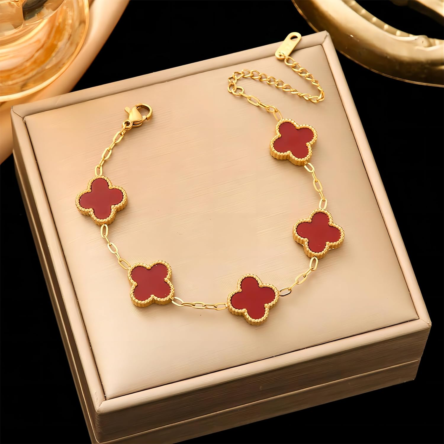 Four Leaf Clover Bracelet for Women Girl White Black Green Red Lucky Link Clover Bracelets,18K Gold Plated Jewelry Double-Sided Design Christmas Valentine'S Day Gifts - C image number 2