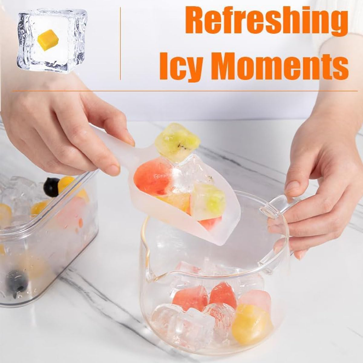 Ice Cube Tray with Lid and Bin, 28 Pcs Ice Trays for Freezer, Food Grade Plastic Ice Cube Mold, Easy Release & Stackable Ice Contrainer with Ice Scoop, for Drinks, Cocktail and Food Fresh (Yellow) image number 3