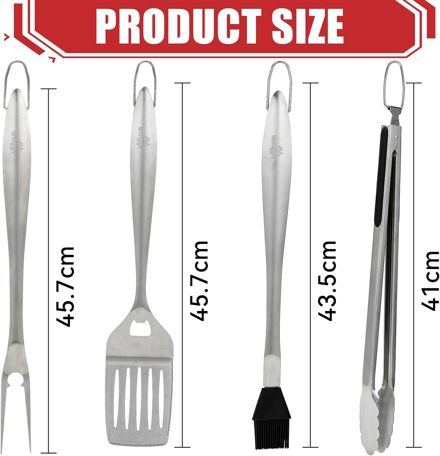 Willbbq 4-Piece BBQ Tool Set &ndash; Stainless Steel Grill Utensils with Tongs, Spatula, Fork & Brush &ndash; Heat-Resistant, Long Handle, Gift Ready image number 3