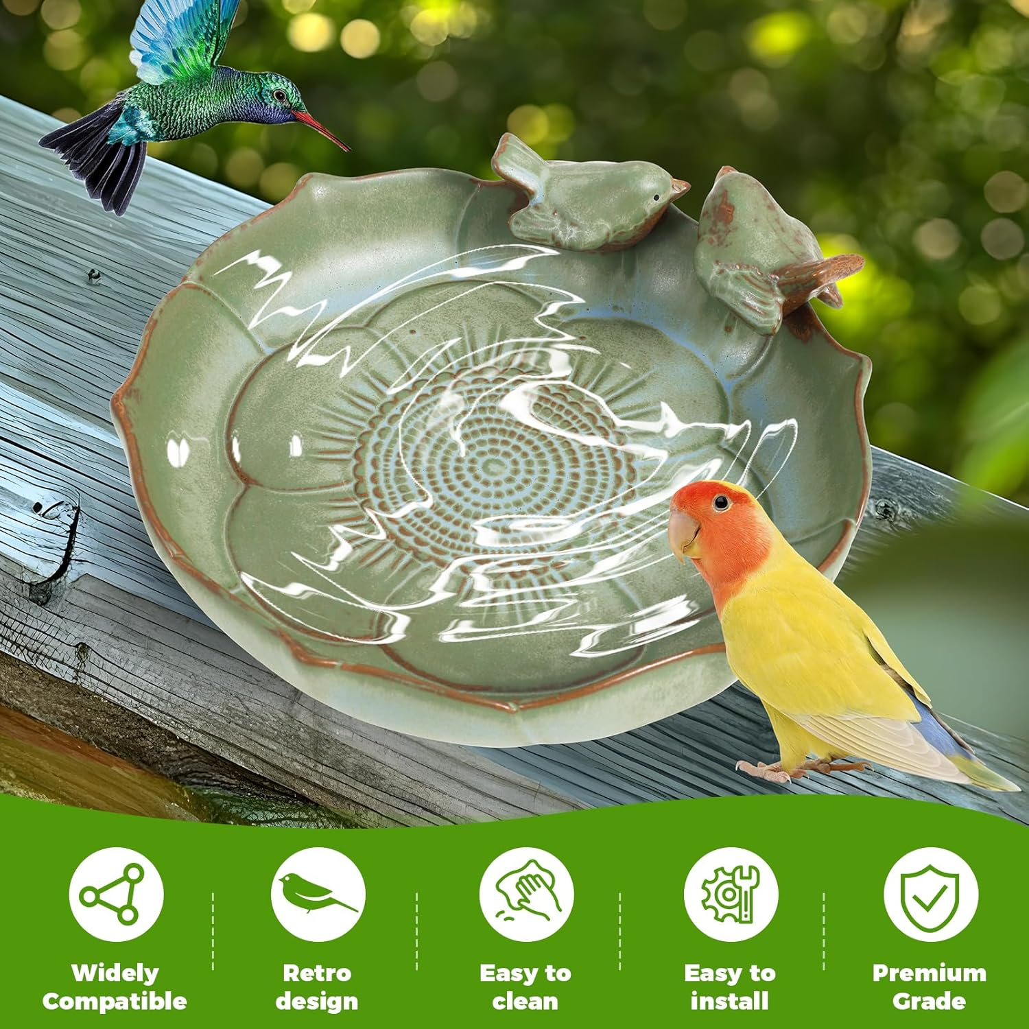Ceramic Bird Bath, Weather Resistant Bird Feeder Bowl for Garden Table Top Deck Balcony and Lawn