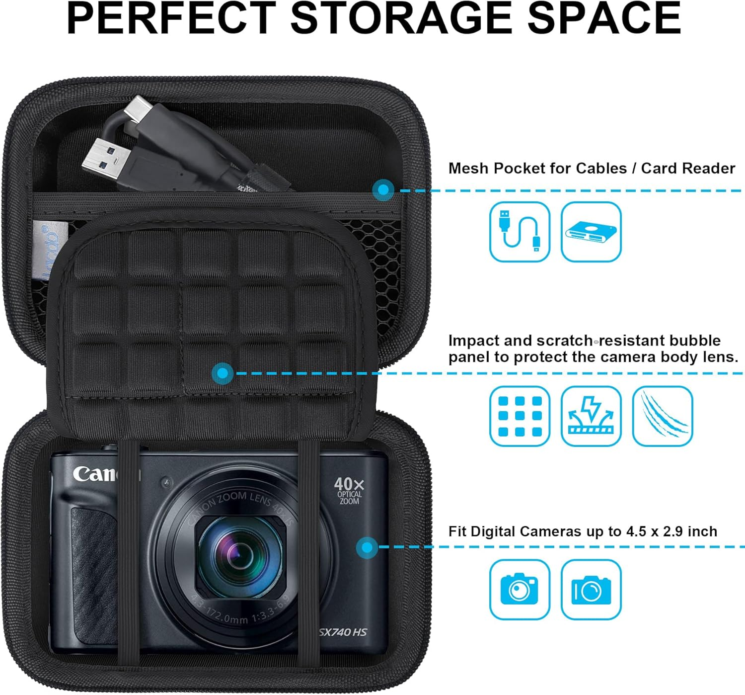 Lacdo Camera Carrying Case for Canon Powershot SX740 / SX730 / SX720 / SX620 Digital Camera, Protective Storage Trave Bag, Mesh Bag Fits Batteries, Cable, Memory Card, Card Reader, Black+Black image number 1