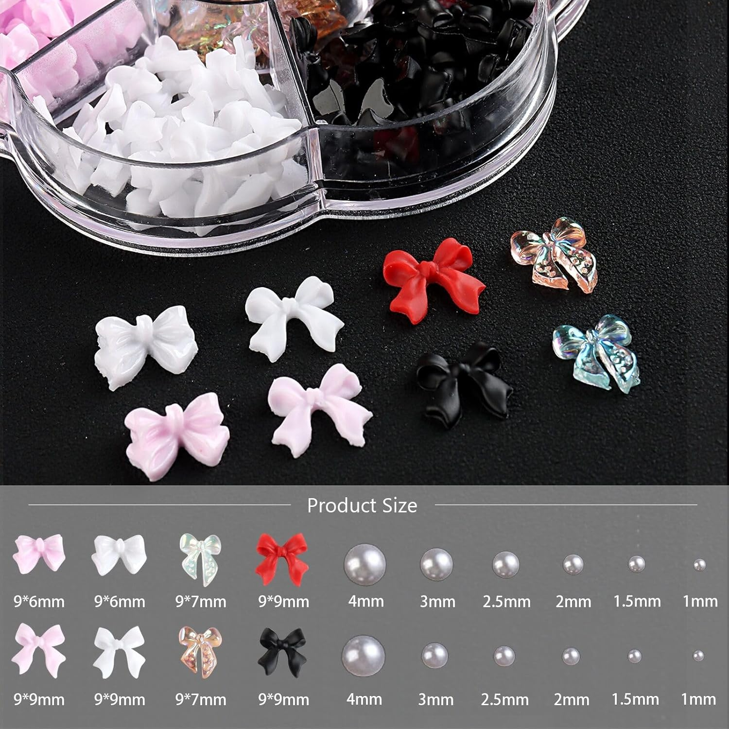 SUTOKAKA 3D Bow Nail Charms and Pearls Mixed Color Acrylic Flatback Bowknot Charm Gems Jewels with Tweezer Pickup Pencil for Nail Art Design Manicure DIY Crafts image number 3